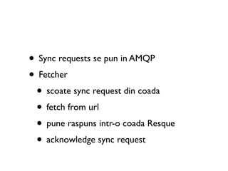 • Sync requests se pun in AMQP
• Fetcher
 • scoate sync request din coada
 • fetch from url
 • pune raspuns intr-o coada Resque
 • acknowledge sync request
 