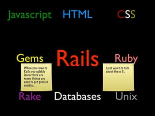 Javascript HTML                             CSS



                        Rails
 Gems                                    ...
