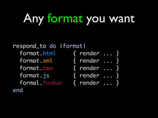 Any format you want
respond_to do |format|
  format.html     { render   ...   }
  format.xml      { render   ...   }
  for...