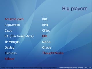 Big players
    Amazon.com                                        BBC
    CapGemini                                         BPN
    Cisco                                             C|Net
    EA (Electronic Arts)                              IBM
    JP Morgan                                         NASA
    Oakley                                            Oracle
    Siemens                                           ThoughtWorks
    Yahoo!

Fonte: http://blog.obiefernandez.com/content/2008/03/big-name-compan.html
 