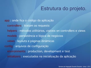Estrutura do projeto.

app : onde fca o código da aplicação
  controllers : tratam os requests
  helpers : métodos utilitários, visíveis en controllers e views
  models : persistência e lógica de negócios
  views : layouts e páginas dinâmicas
confg : arquivos de confguração
  environments : production, development e test
  initializers : executados na inicialização da aplicação
 