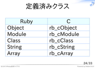 定義済みクラス

           Ruby              C
     Object           rb_cObject
     Module           rb_cModule
     Class      ...