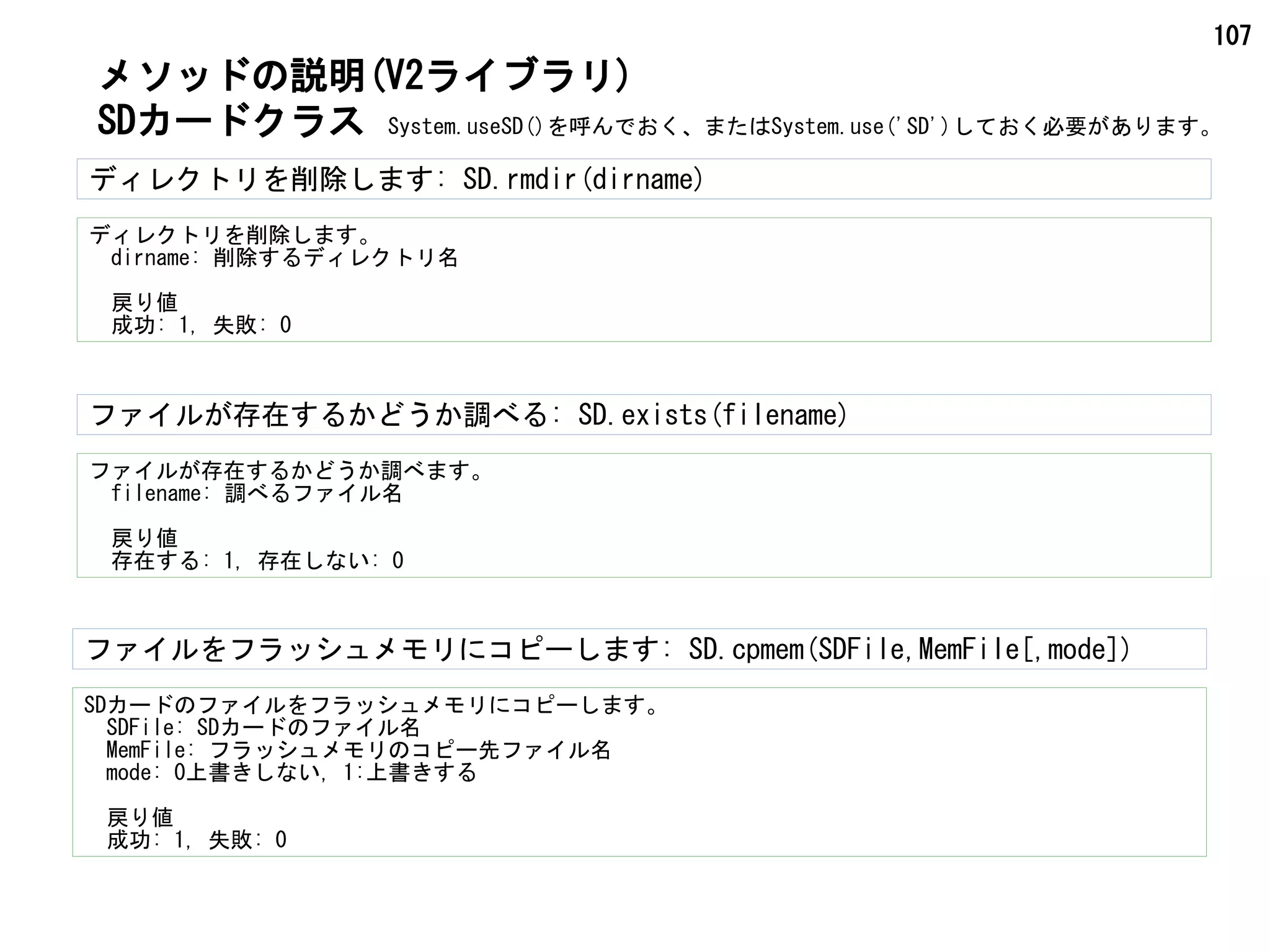 107
ディレクトリを削除します: SD.rmdir(dirname)
ディレクトリを削除します。
　dirname: 削除するディレクトリ名
　戻り値
　成功: 1, 失敗: 0
SDカードクラス
メソッドの説明(V2ライブラリ)
ファイルが存在するかどうか調べる: SD.exists(filename)
ファイルが存在するかどうか調べます。
　filename: 調べるファイル名
　戻り値
　存在する: 1, 存在しない: 0
System.useSD()を呼んでおく、またはSystem.use('SD')しておく必要があります。
ファイルをフラッシュメモリにコピーします: SD.cpmem(SDFile,MemFile[,mode])
SDカードのファイルをフラッシュメモリにコピーします。
　SDFile: SDカードのファイル名
　MemFile: フラッシュメモリのコピー先ファイル名
　mode: 0上書きしない, 1:上書きする
　戻り値
　成功: 1, 失敗: 0
 