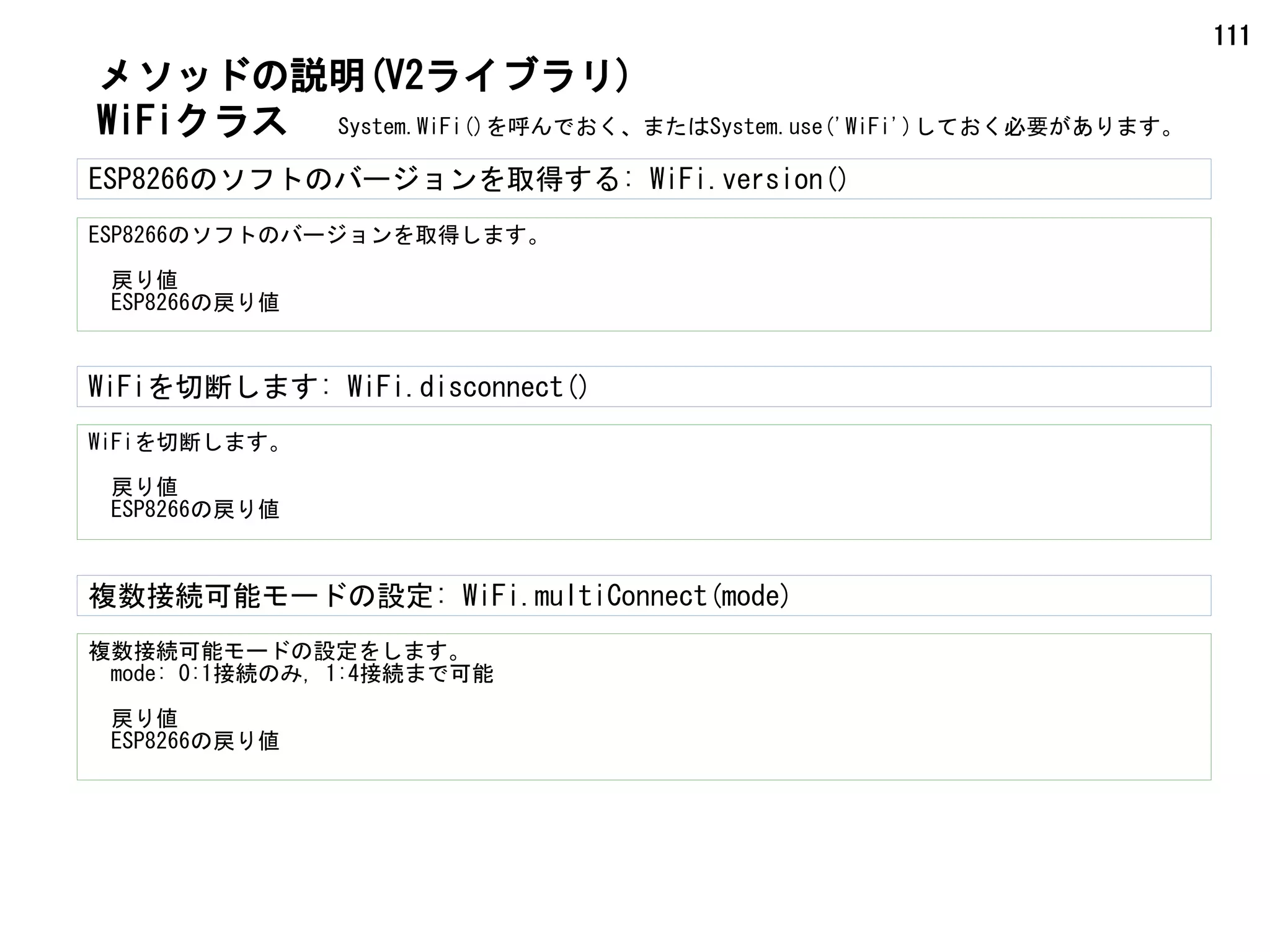 111
ESP8266のソフトのバージョンを取得する: WiFi.version()
ESP8266のソフトのバージョンを取得します。
　戻り値
　ESP8266の戻り値
WiFiを切断します。
　戻り値
　ESP8266の戻り値
WiFiを切断します: WiFi.disconnect()
WiFiクラス
複数接続可能モードの設定をします。
　mode: 0:1接続のみ, 1:4接続まで可能
　戻り値
　ESP8266の戻り値
複数接続可能モードの設定: WiFi.multiConnect(mode)
メソッドの説明(V2ライブラリ)
System.WiFi()を呼んでおく、またはSystem.use('WiFi')しておく必要があります。
 
