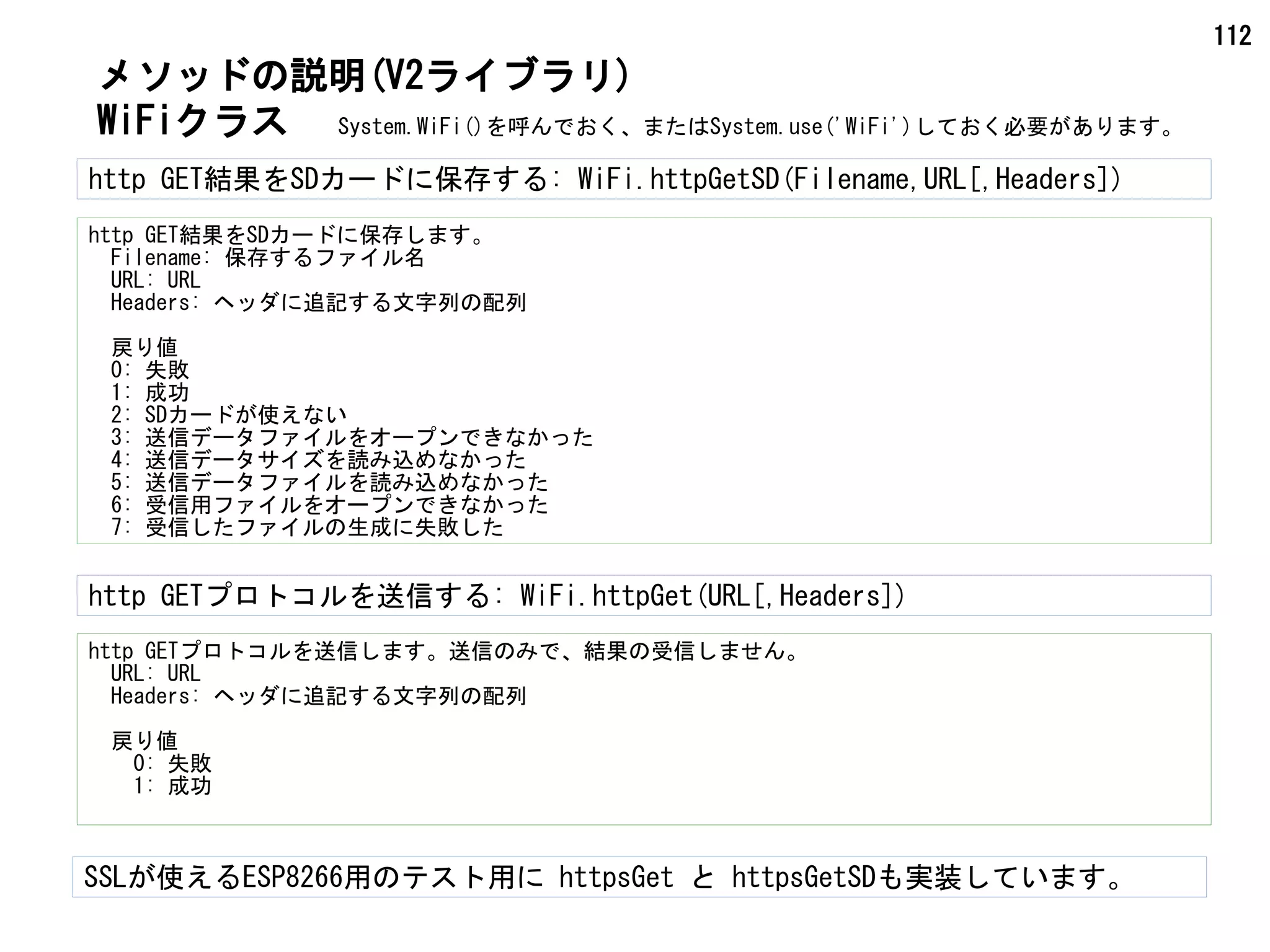 112
http GET結果をSDカードに保存する: WiFi.httpGetSD(Filename,URL[,Headers])
http GET結果をSDカードに保存します。
　Filename: 保存するファイル名
　URL: URL
　Headers: ヘッダに追記する文字列の配列
　戻り値
　0: 失敗
　1: 成功
　2: SDカードが使えない
　3: 送信データファイルをオープンできなかった
　4: 送信データサイズを読み込めなかった
　5: 送信データファイルを読み込めなかった
　6: 受信用ファイルをオープンできなかった
　7: 受信したファイルの生成に失敗した
WiFiクラス
http GETプロトコルを送信します。送信のみで、結果の受信しません。　
　URL: URL
　Headers: ヘッダに追記する文字列の配列
　戻り値
　　0: 失敗
　　1: 成功
http GETプロトコルを送信する: WiFi.httpGet(URL[,Headers])
メソッドの説明(V2ライブラリ)
System.WiFi()を呼んでおく、またはSystem.use('WiFi')しておく必要があります。
SSLが使えるESP8266用のテスト用に httpsGet と httpsGetSDも実装しています。
 