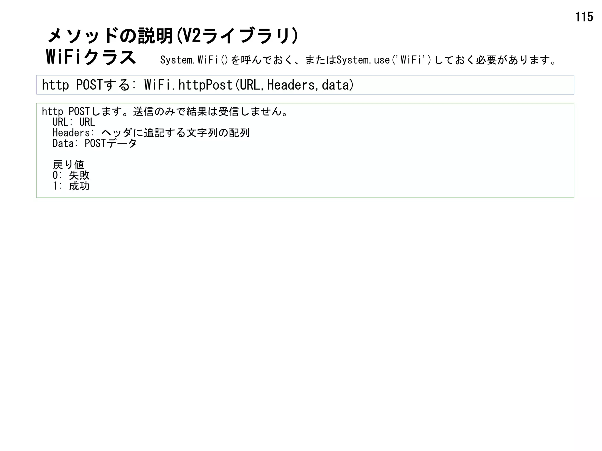 115
WiFiクラス
メソッドの説明(V2ライブラリ)
http POSTする: WiFi.httpPost(URL,Headers,data)
http POSTします。送信のみで結果は受信しません。
　URL: URL
　Headers: ヘッダに追記する文字列の配列
　Data: POSTデータ
　戻り値
　0: 失敗
　1: 成功
System.WiFi()を呼んでおく、またはSystem.use('WiFi')しておく必要があります。
 