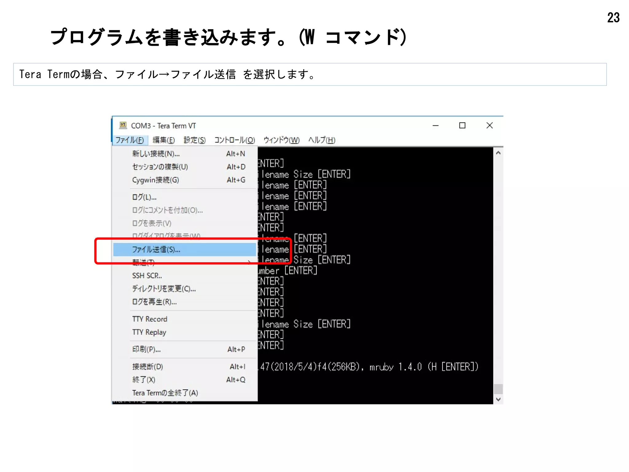 23
プログラムを書き込みます。(W コマンド)
Tera Termの場合、ファイル→ファイル送信 を選択します。
 