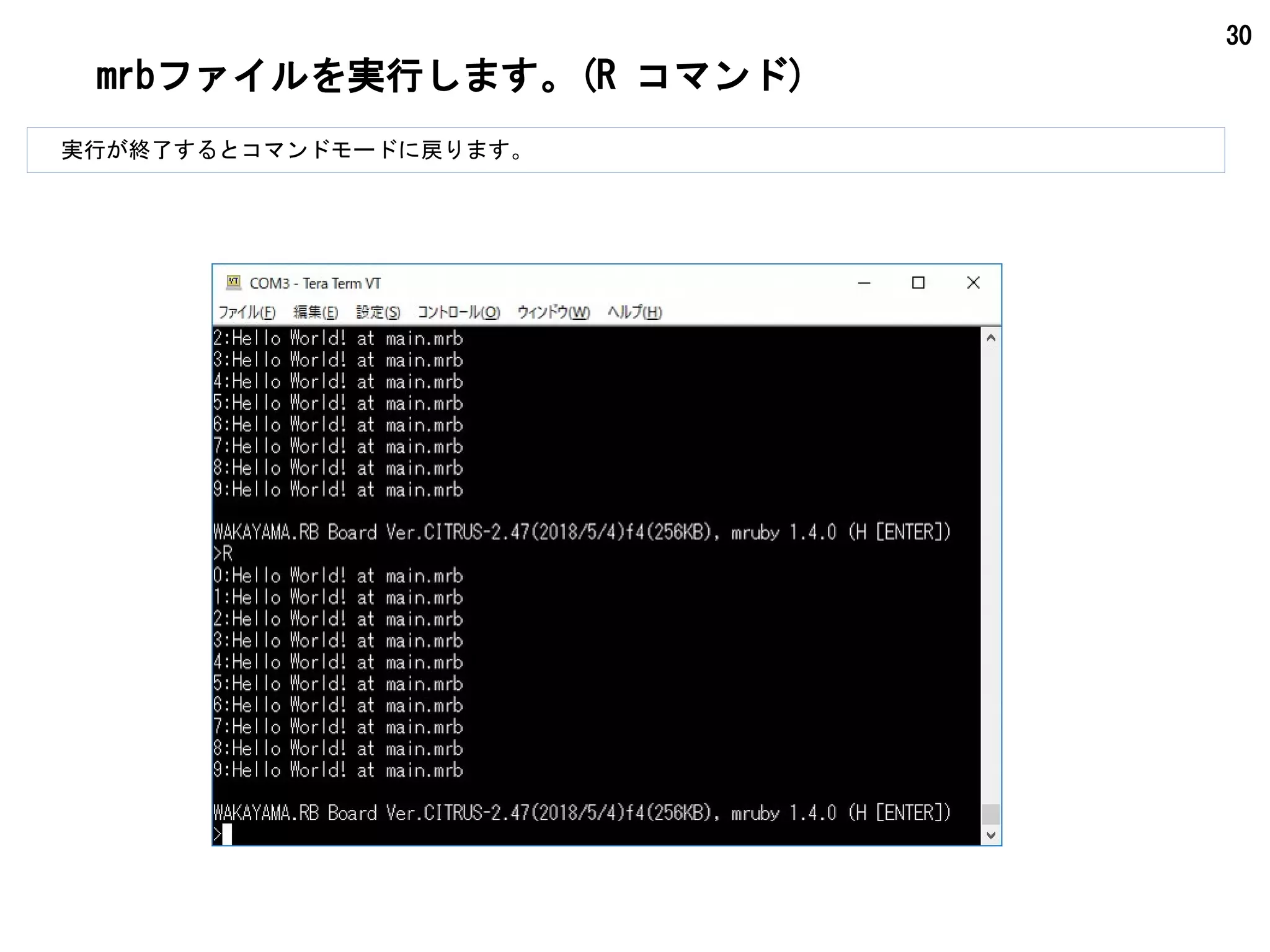 30
mrbファイルを実行します。(R コマンド)
　実行が終了するとコマンドモードに戻ります。
 