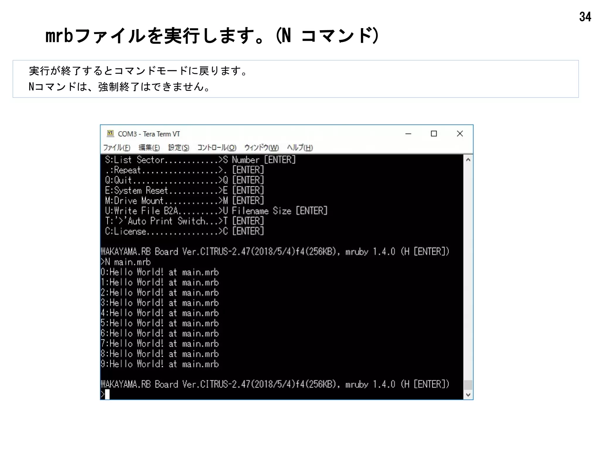 34
mrbファイルを実行します。(N コマンド)
　実行が終了するとコマンドモードに戻ります。
　Nコマンドは、強制終了はできません。
 