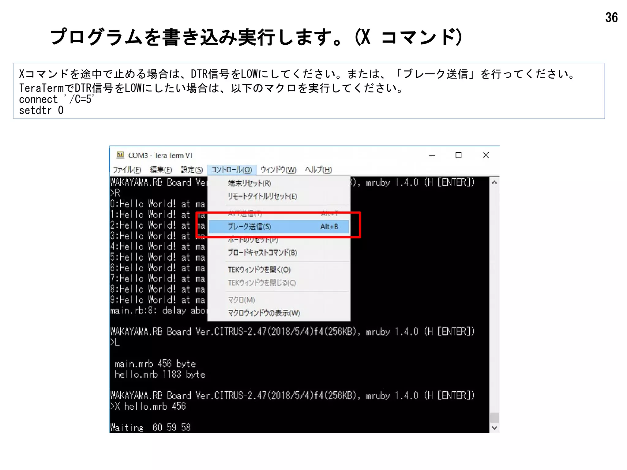 36
プログラムを書き込み実行します。(X コマンド)
Xコマンドを途中で止める場合は、DTR信号をLOWにしてください。または、「ブレーク送信」を行ってください。
TeraTermでDTR信号をLOWにしたい場合は、以下のマクロを実行してください。
connect '/C=5'
setdtr 0
 