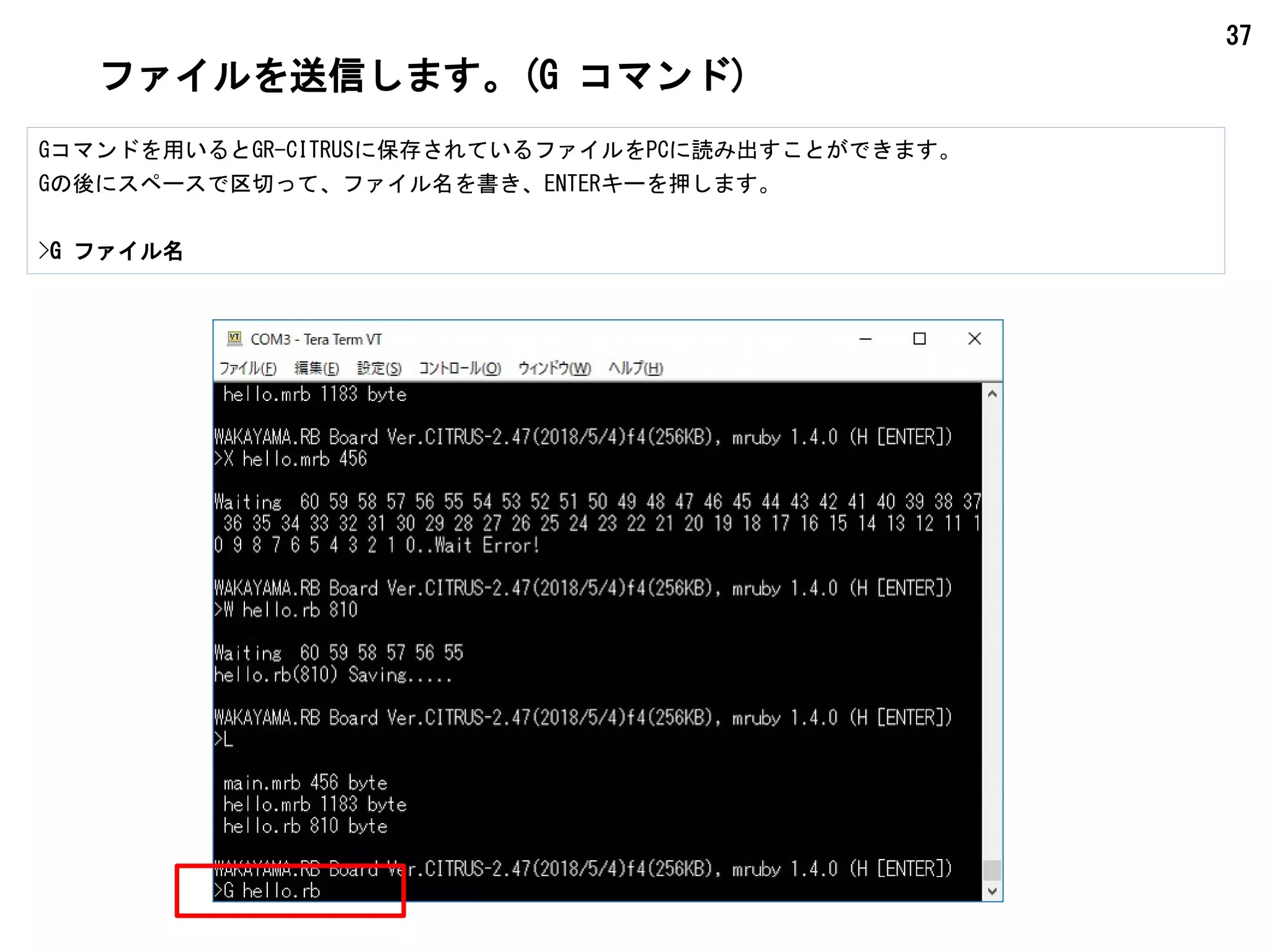 37
ファイルを送信します。(G コマンド)
Gコマンドを用いるとGR-CITRUSに保存されているファイルをPCに読み出すことができます。
Gの後にスペースで区切って、ファイル名を書き、ENTERキーを押します。
>G ファイル名
 