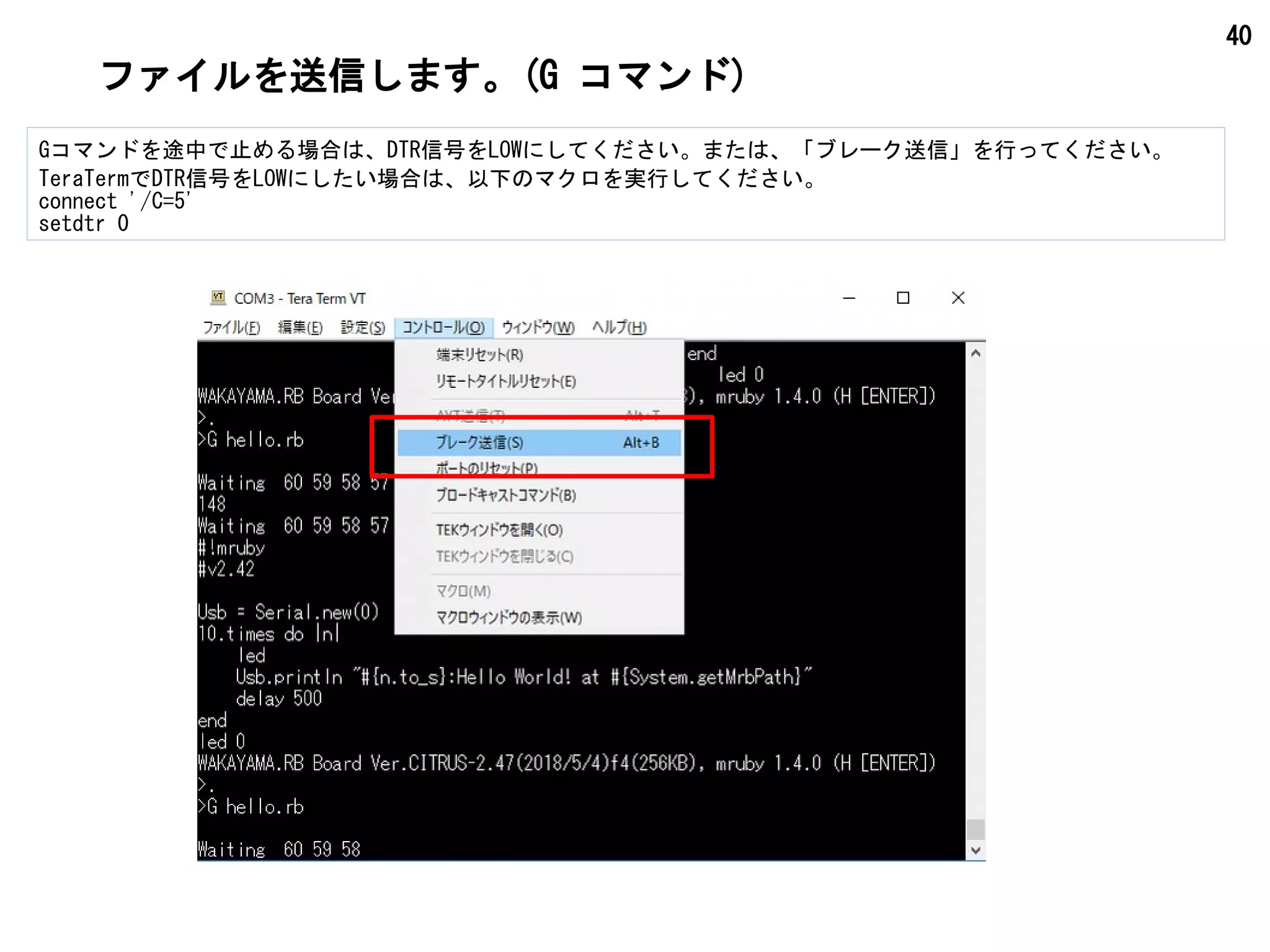 40
ファイルを送信します。(G コマンド)
Gコマンドを途中で止める場合は、DTR信号をLOWにしてください。または、「ブレーク送信」を行ってください。
TeraTermでDTR信号をLOWにしたい場合は、以下のマクロを実行してください。
connect '/C=5'
setdtr 0
 