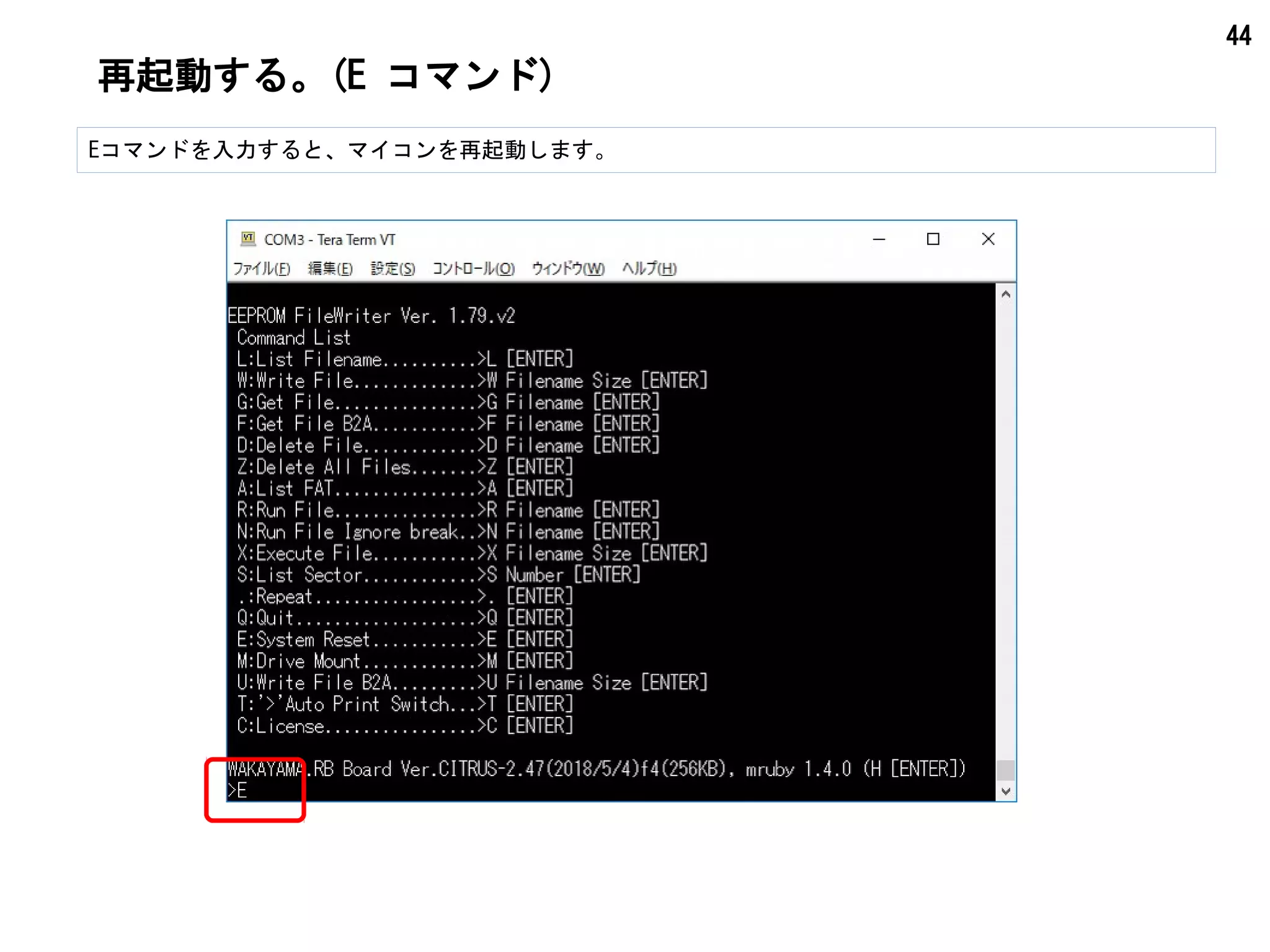 44
再起動する。(E コマンド)
Eコマンドを入力すると、マイコンを再起動します。
 