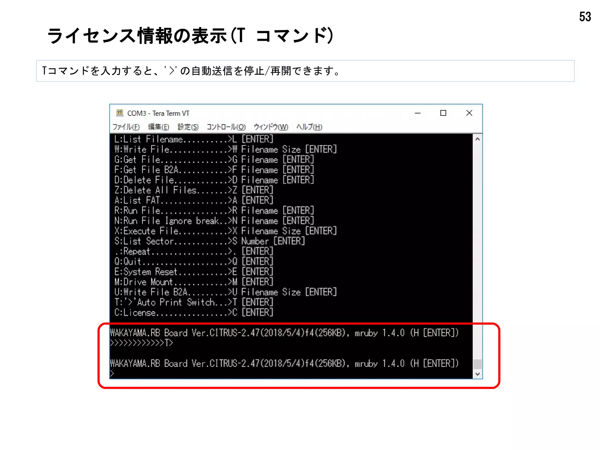 53
ライセンス情報の表示(T コマンド)
Tコマンドを入力すると、'>'の自動送信を停止/再開できます。
 