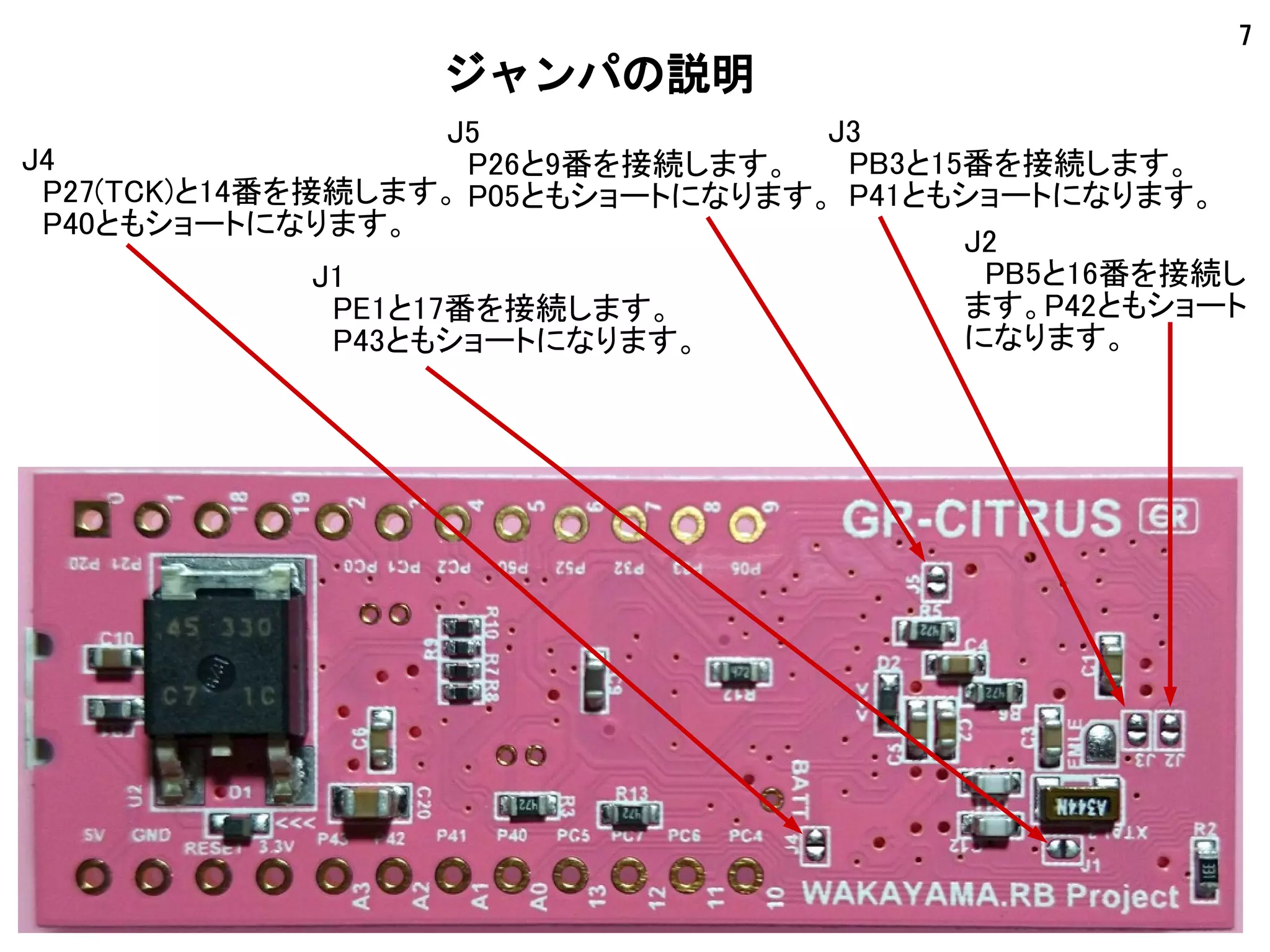 7
J4
　P27(TCK)と14番を接続します。
　P40ともショートになります。
ジャンパの説明
J1
　PE1と17番を接続します。
　P43ともショートになります。
J3
　PB3と15番を接続します。
　P41ともショートになります。
J2
　PB5と16番を接続し
ます。P42ともショート
になります。
J5
　P26と9番を接続します。
　P05ともショートになります。
 