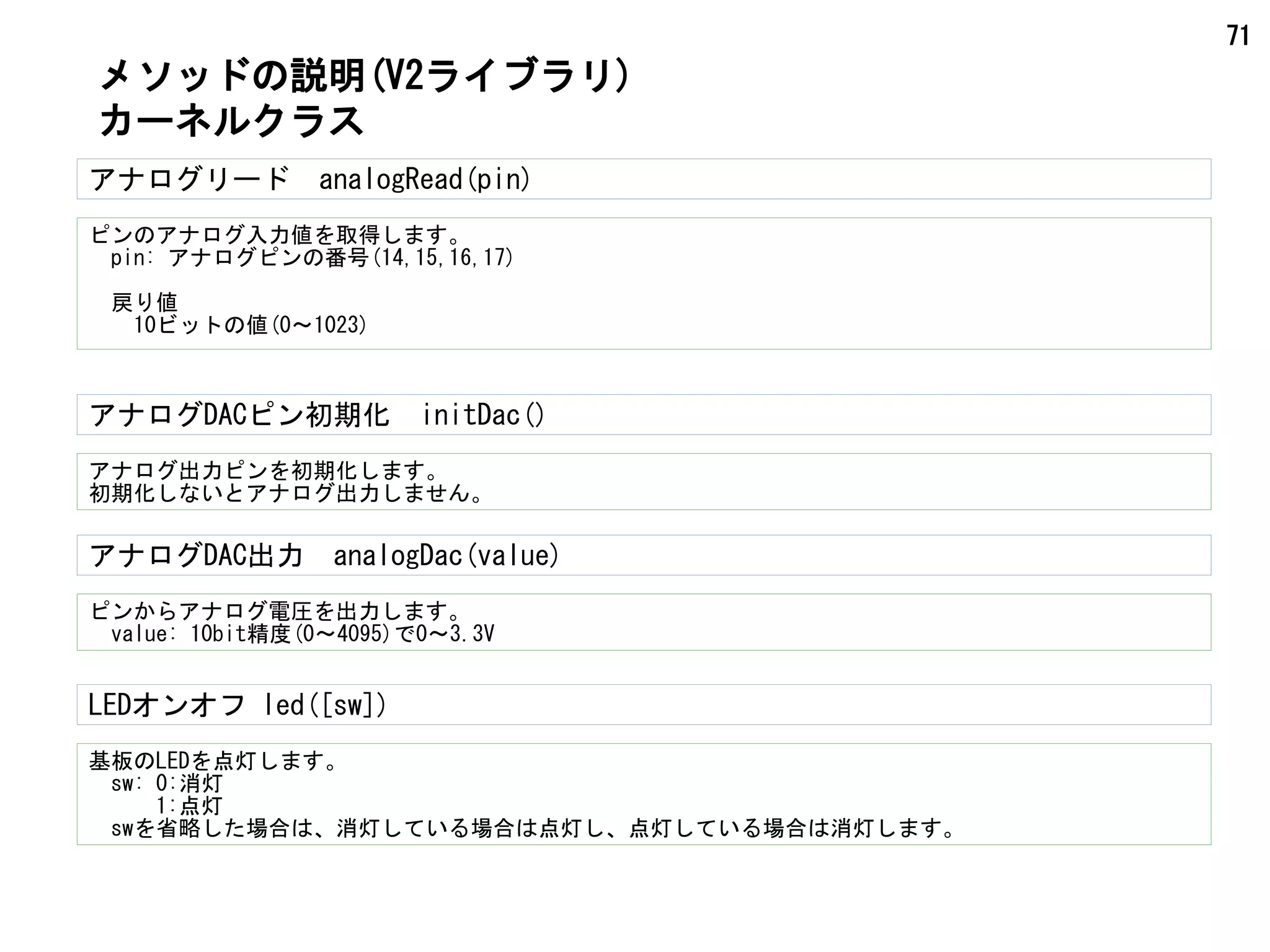 71
アナログリード　analogRead(pin)
ピンのアナログ入力値を取得します。
　pin: アナログピンの番号(14,15,16,17)
　戻り値
　　10ビットの値(0～1023)
アナログDAC出力　analogDac(value)
ピンからアナログ電圧を出力します。
　value: 10bit精度(0～4095)で0～3.3V
LEDオンオフ led([sw])
基板のLEDを点灯します。
　sw: 0:消灯
　　　1:点灯
　swを省略した場合は、消灯している場合は点灯し、点灯している場合は消灯します。
メソッドの説明(V2ライブラリ)
カーネルクラス
アナログDACピン初期化　initDac()
アナログ出力ピンを初期化します。
初期化しないとアナログ出力しません。
 