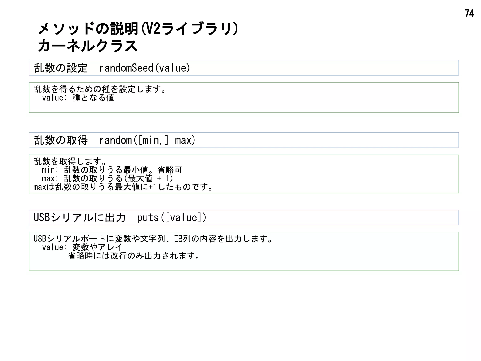 74
乱数の設定　randomSeed(value)
乱数を得るための種を設定します。
　value: 種となる値
メソッドの説明(V2ライブラリ)
カーネルクラス
乱数の取得　random([min,] max)
乱数を取得します。
　min: 乱数の取りうる最小値。省略可
　max: 乱数の取りうる(最大値 + 1)
maxは乱数の取りうる最大値に+1したものです。
USBシリアルに出力　puts([value])
USBシリアルポートに変数や文字列、配列の内容を出力します。
　value: 変数やアレイ
　　　　省略時には改行のみ出力されます。
 