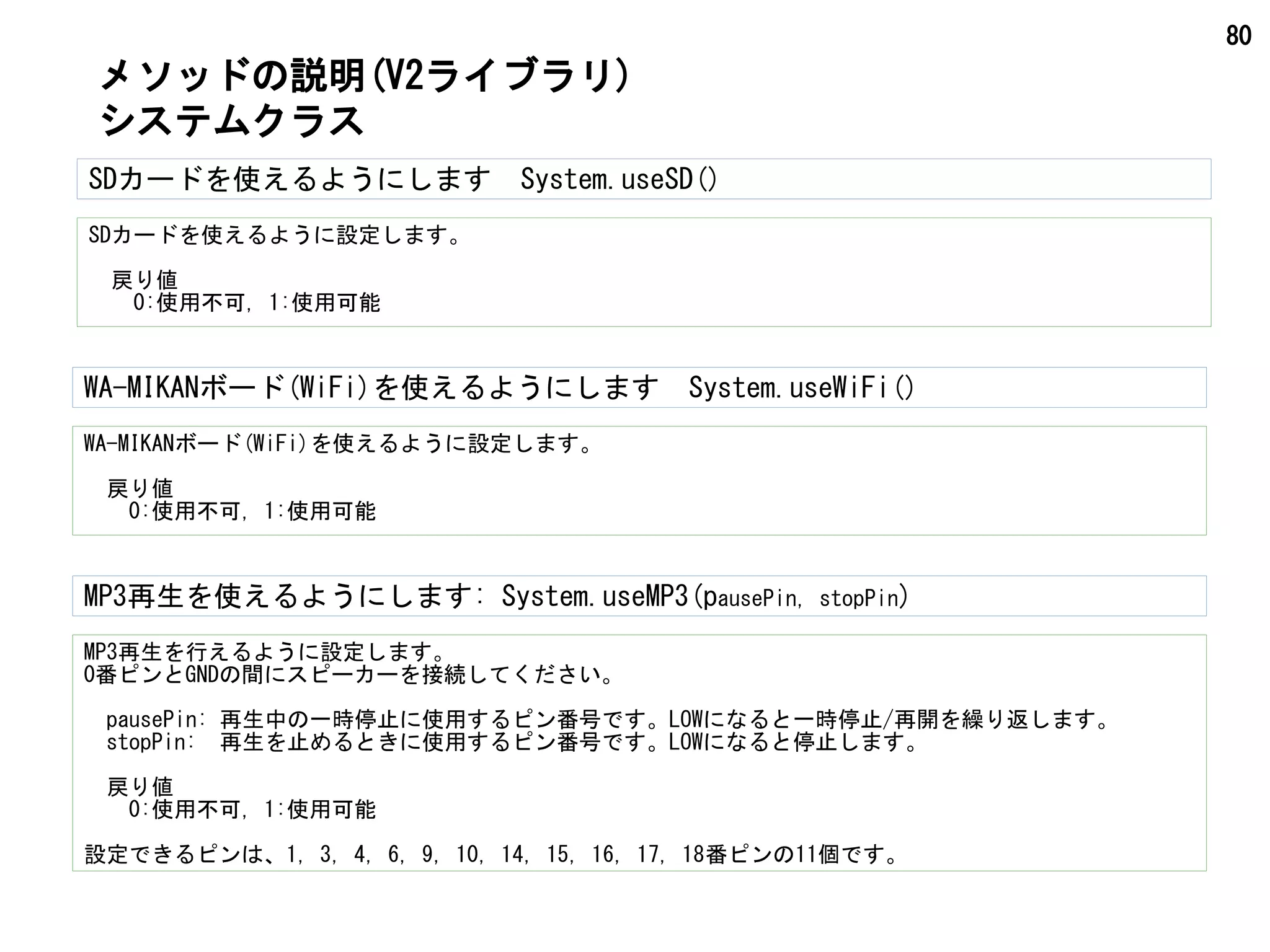 80
SDカードを使えるようにします　System.useSD()
SDカードを使えるように設定します。
　戻り値
　　0:使用不可, 1:使用可能
メソッドの説明(V2ライブラリ)
システムクラス
WA-MIKANボード(WiFi)を使えるようにします　System.useWiFi()
WA-MIKANボード(WiFi)を使えるように設定します。
　戻り値
　　0:使用不可, 1:使用可能
MP3再生を使えるようにします: System.useMP3(pausePin, stopPin)
MP3再生を行えるように設定します。
0番ピンとGNDの間にスピーカーを接続してください。
　pausePin: 再生中の一時停止に使用するピン番号です。LOWになると一時停止/再開を繰り返します。
　stopPin: 再生を止めるときに使用するピン番号です。LOWになると停止します。
　戻り値
　　0:使用不可, 1:使用可能
設定できるピンは、1, 3, 4, 6, 9, 10, 14, 15, 16, 17, 18番ピンの11個です。
 