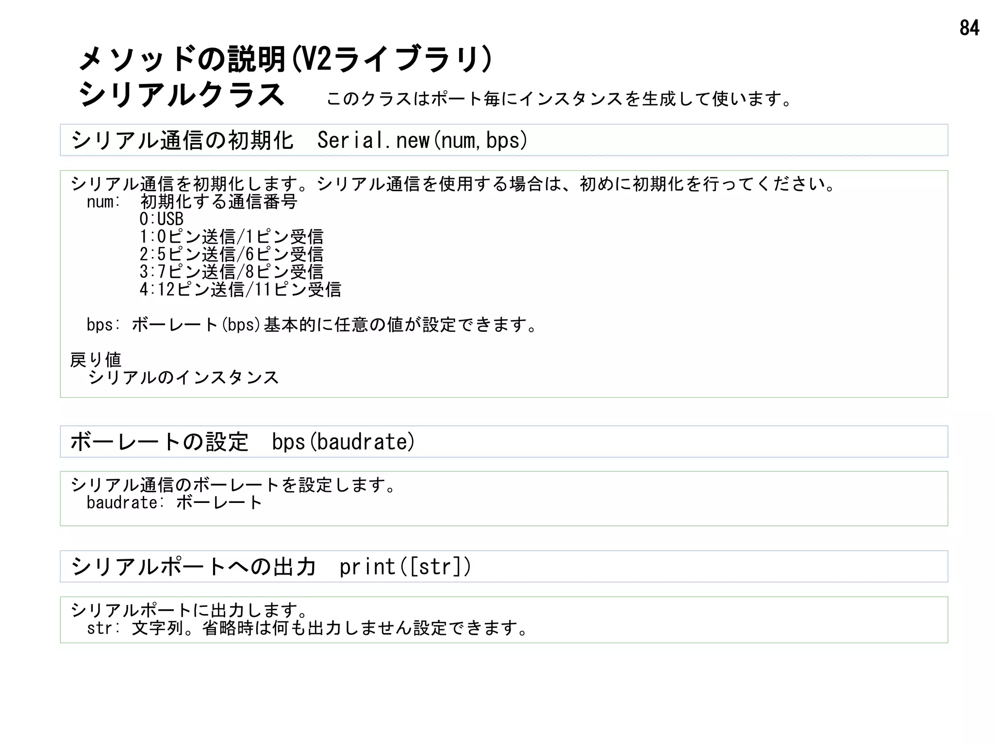84
シリアル通信の初期化　Serial.new(num,bps)
シリアル通信を初期化します。シリアル通信を使用する場合は、初めに初期化を行ってください。
　num:　初期化する通信番号
　　　　0:USB
　　　　1:0ピン送信/1ピン受信
　　　　2:5ピン送信/6ピン受信
　　　　3:7ピン送信/8ピン受信
　　　　4:12ピン送信/11ピン受信
　bps: ボーレート(bps)基本的に任意の値が設定できます。
戻り値
　シリアルのインスタンス
メソッドの説明(V2ライブラリ)
シリアルクラス
シリアル通信のボーレートを設定します。
　baudrate: ボーレート
ボーレートの設定　bps(baudrate)
シリアルポートへの出力　print([str])
シリアルポートに出力します。
　str: 文字列。省略時は何も出力しません設定できます。
このクラスはポート毎にインスタンスを生成して使います。
 