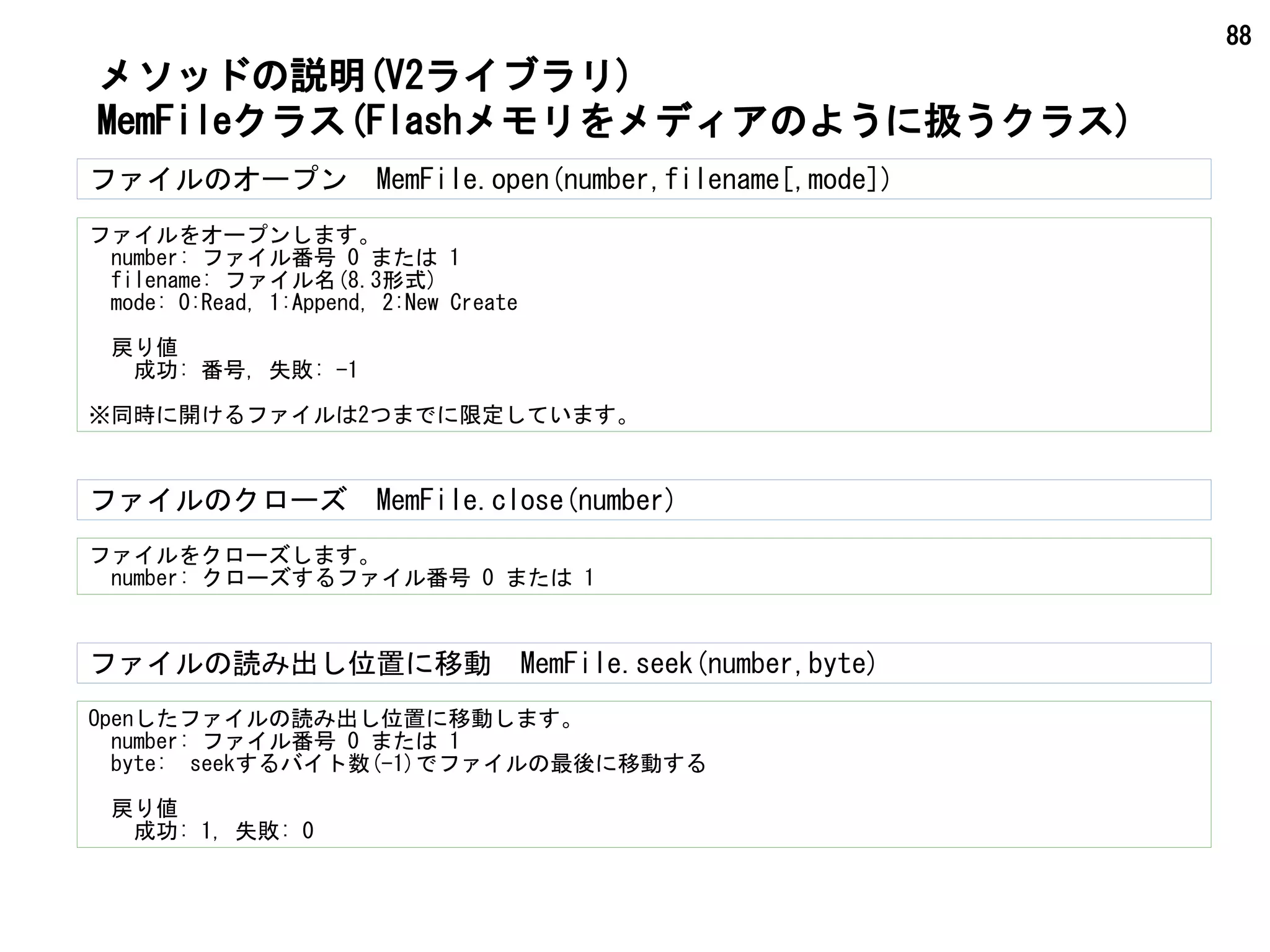 88
ファイルのオープン　MemFile.open(number,filename[,mode])
ファイルをオープンします。
　number: ファイル番号 0 または 1
　filename: ファイル名(8.3形式)
　mode: 0:Read, 1:Append, 2:New Create
　戻り値
　　成功: 番号, 失敗: -1
※同時に開けるファイルは2つまでに限定しています。
メソッドの説明(V2ライブラリ)
MemFileクラス(Flashメモリをメディアのように扱うクラス)
ファイルをクローズします。
　number: クローズするファイル番号 0 または 1
ファイルのクローズ　MemFile.close(number)
Openしたファイルの読み出し位置に移動します。
　number: ファイル番号 0 または 1
　byte:　seekするバイト数(-1)でファイルの最後に移動する
　戻り値
　　成功: 1, 失敗: 0
ファイルの読み出し位置に移動　MemFile.seek(number,byte)
 