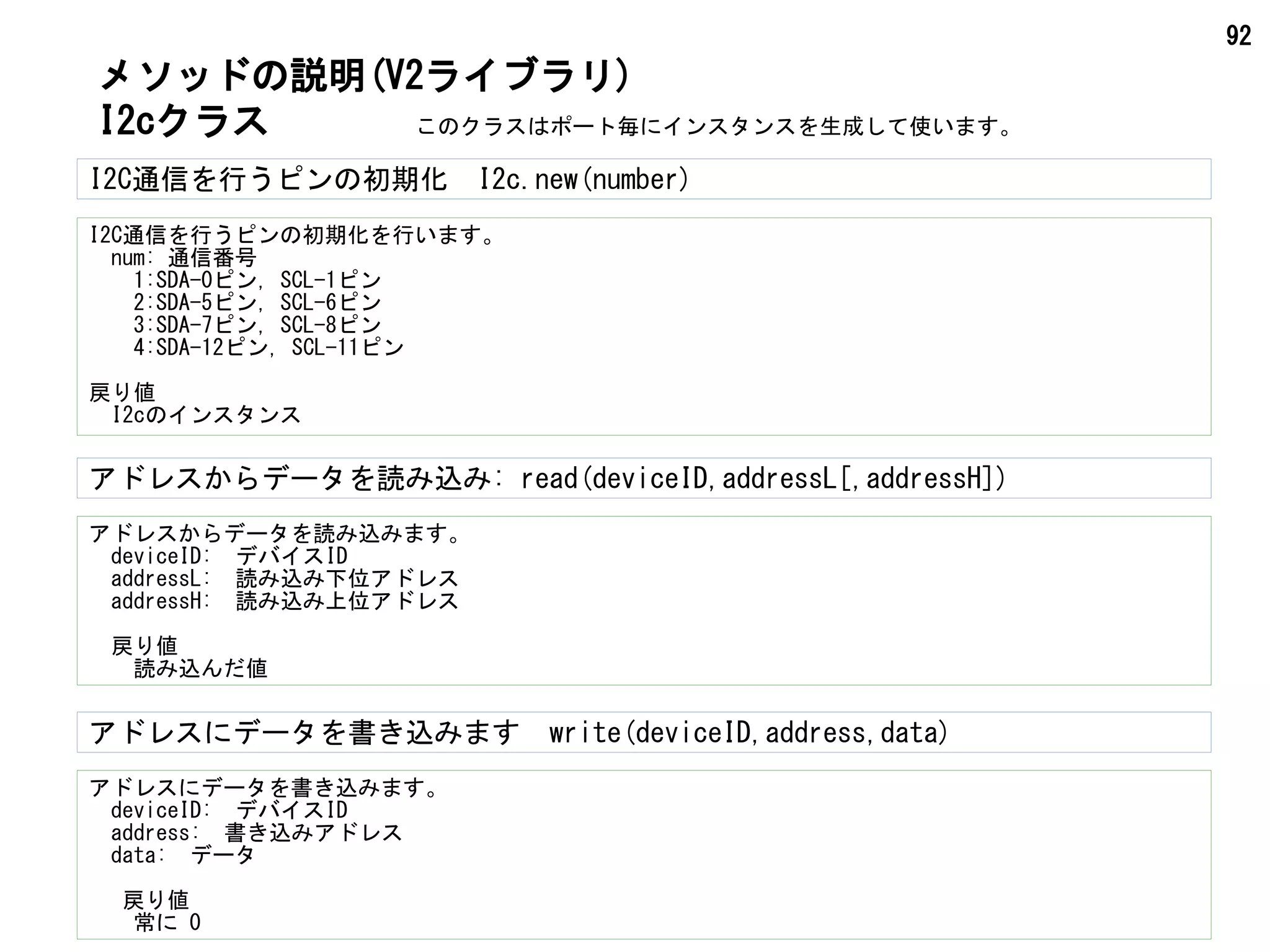 92
I2C通信を行うピンの初期化　I2c.new(number)
I2C通信を行うピンの初期化を行います。
　num: 通信番号
　　1:SDA-0ピン, SCL-1ピン
　　2:SDA-5ピン, SCL-6ピン
　　3:SDA-7ピン, SCL-8ピン
　　4:SDA-12ピン, SCL-11ピン
戻り値
I2cのインスタンス
メソッドの説明(V2ライブラリ)
I2cクラス
アドレスからデータを読み込みます。
　deviceID:　デバイスID
　addressL:　読み込み下位アドレス
　addressH:　読み込み上位アドレス
　戻り値
　　読み込んだ値
アドレスからデータを読み込み: read(deviceID,addressL[,addressH])
このクラスはポート毎にインスタンスを生成して使います。
アドレスにデータを書き込みます。
　deviceID:　デバイスID
　address:　書き込みアドレス
　data:　データ
　 戻り値
　　常に 0
アドレスにデータを書き込みます　write(deviceID,address,data)
 