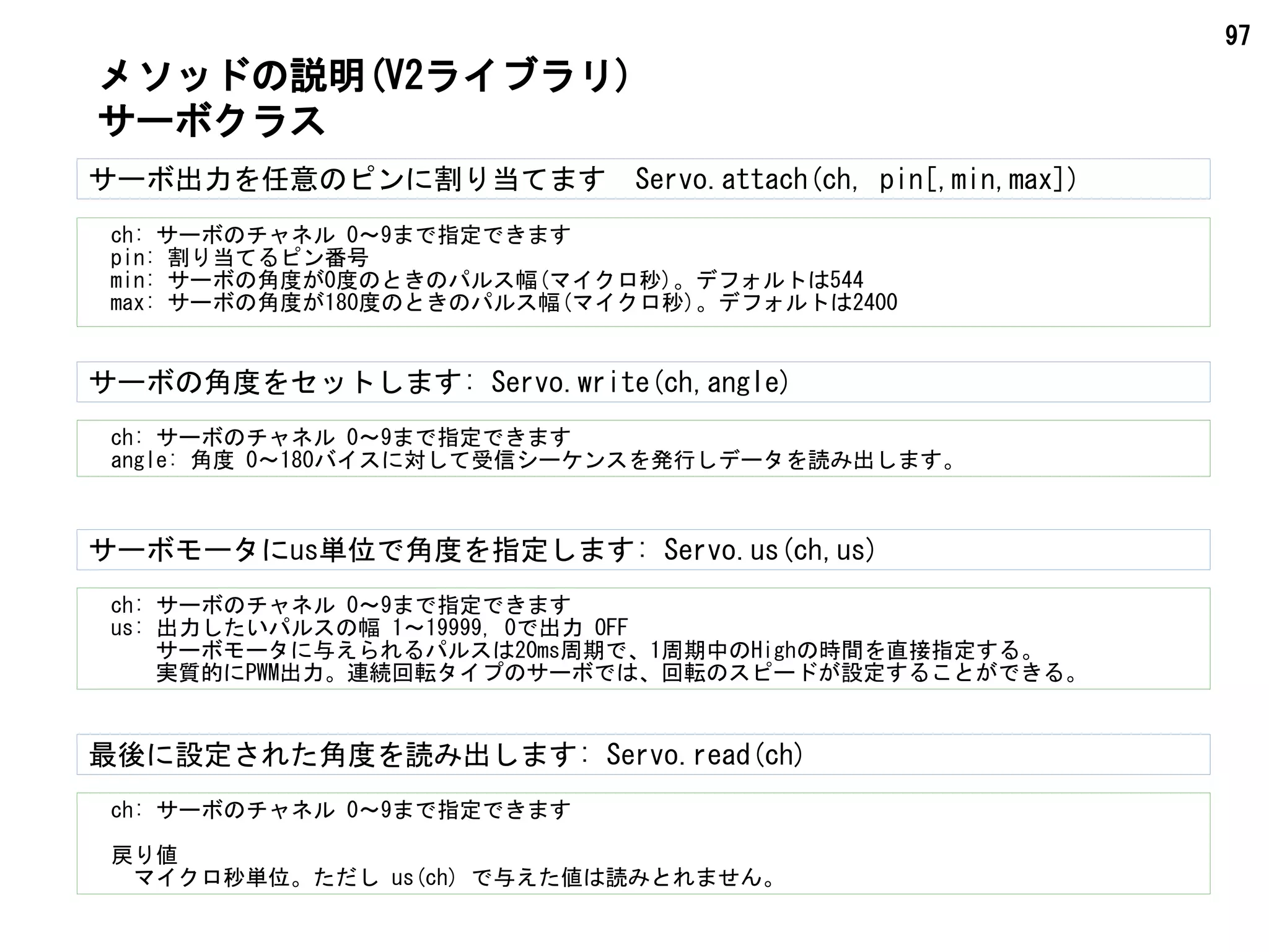 97
サーボ出力を任意のピンに割り当てます　Servo.attach(ch, pin[,min,max])
　ch: サーボのチャネル 0～9まで指定できます
　pin: 割り当てるピン番号
　min: サーボの角度が0度のときのパルス幅(マイクロ秒)。デフォルトは544
　max: サーボの角度が180度のときのパルス幅(マイクロ秒)。デフォルトは2400
メソッドの説明(V2ライブラリ)
サーボクラス
　ch: サーボのチャネル 0～9まで指定できます
　angle: 角度 0～180バイスに対して受信シーケンスを発行しデータを読み出します。
サーボの角度をセットします: Servo.write(ch,angle)
　ch: サーボのチャネル 0～9まで指定できます
　us: 出力したいパルスの幅 1～19999, 0で出力 OFF
　　　サーボモータに与えられるパルスは20ms周期で、1周期中のHighの時間を直接指定する。
　　　実質的にPWM出力。連続回転タイプのサーボでは、回転のスピードが設定することができる。
サーボモータにus単位で角度を指定します: Servo.us(ch,us)
　ch: サーボのチャネル 0～9まで指定できます
　
　戻り値
　　マイクロ秒単位。ただし us(ch) で与えた値は読みとれません。
最後に設定された角度を読み出します: Servo.read(ch)
 