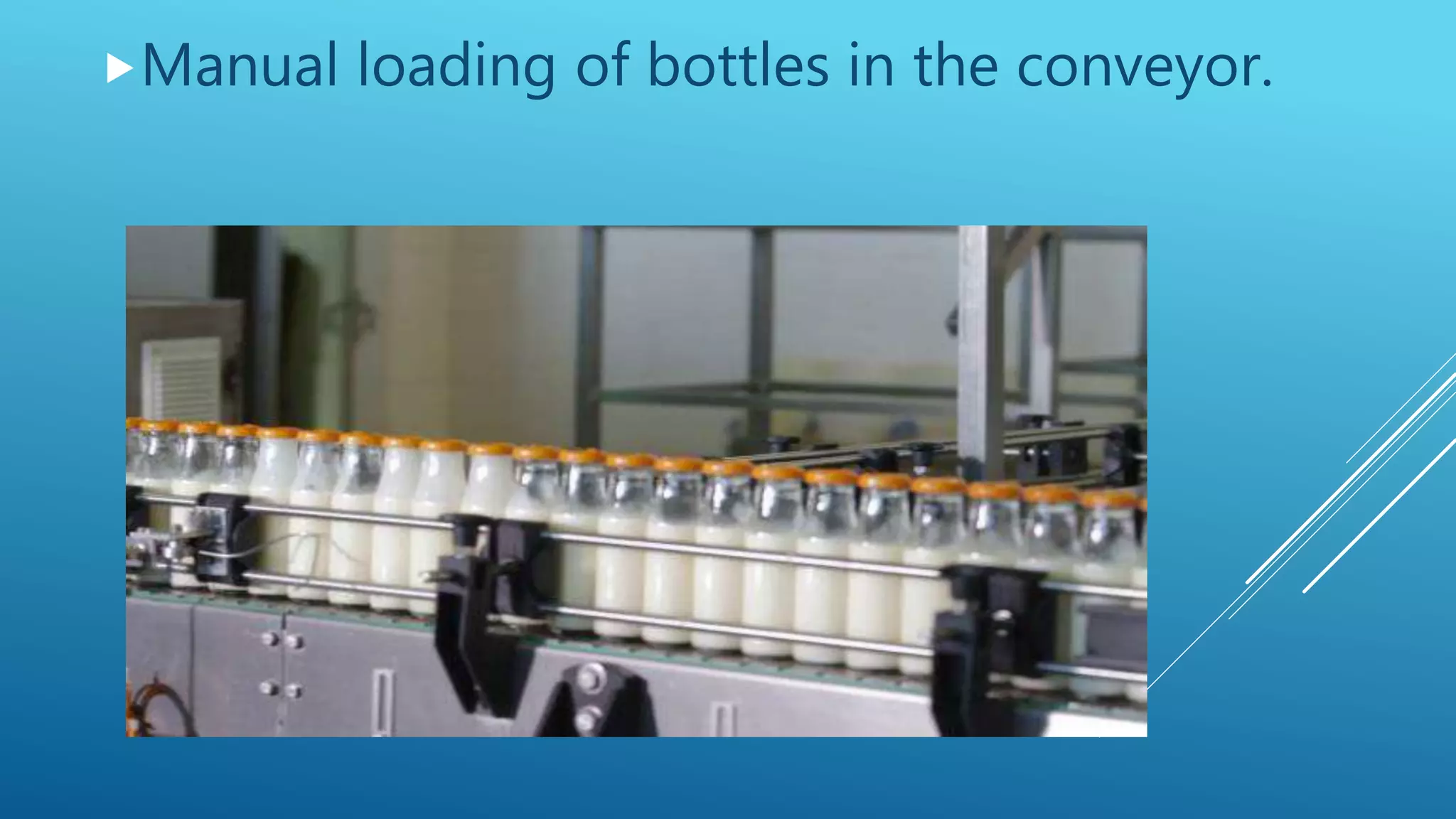 Manual loading of bottles in the conveyor.
 