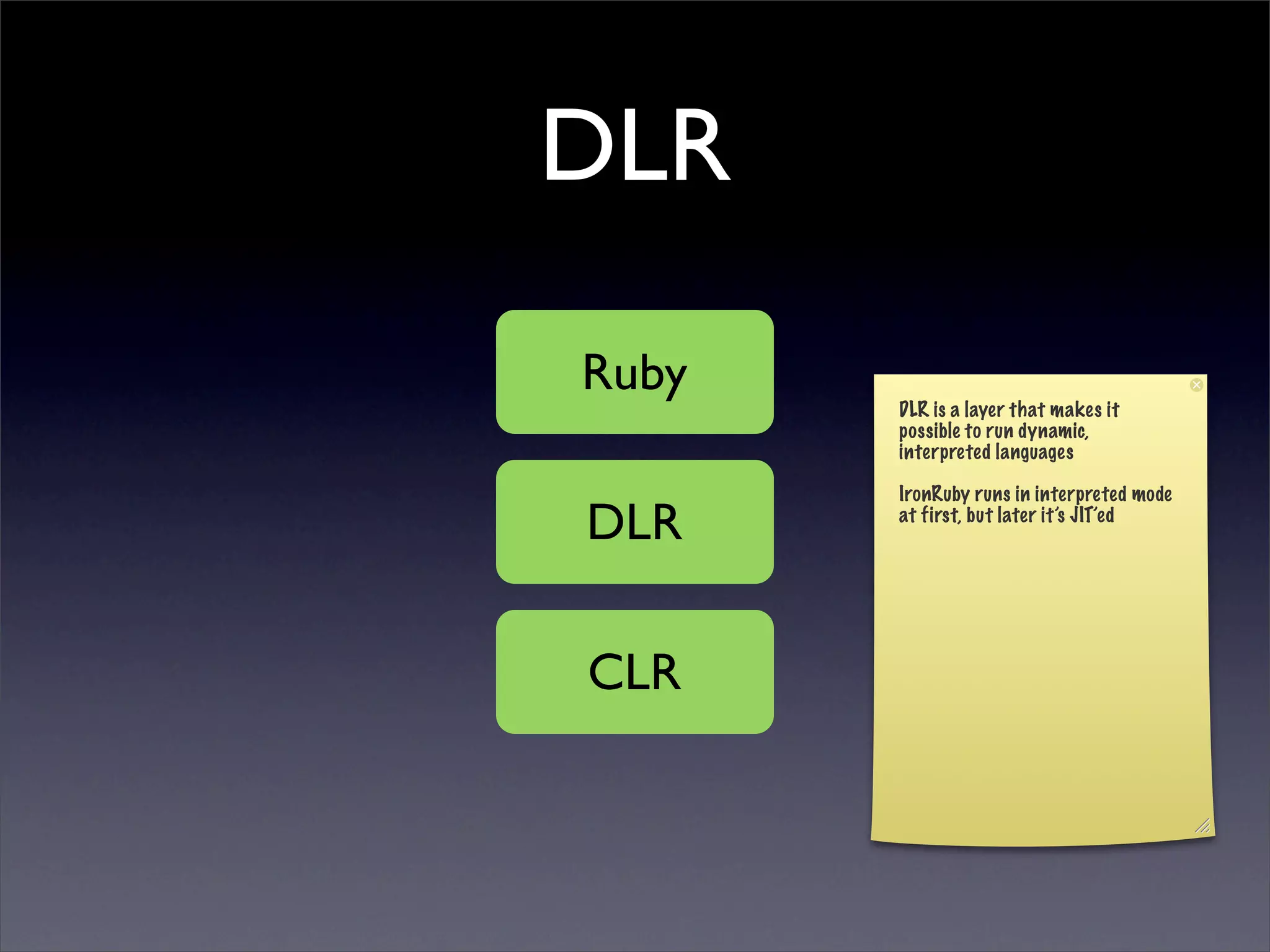 DLR

Ruby
       DLR is a layer that makes it
       possible to run dynamic,
       interpreted languages

       IronRuby runs in interpreted mode
DLR    at first, but later it’s JIT’ed




CLR
 