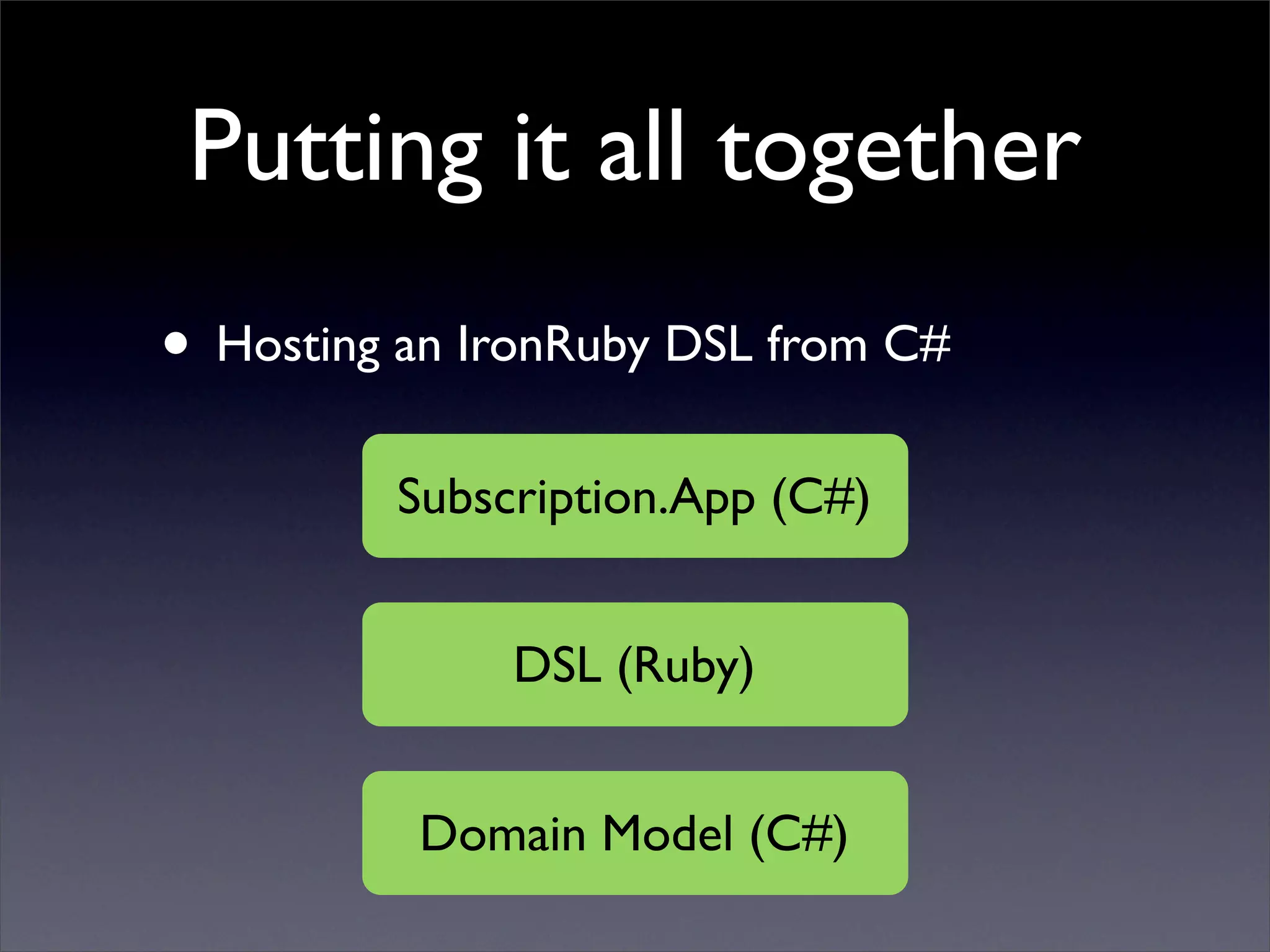 Putting it all together
• Hosting an IronRuby DSL from C#
         Subscription.App (C#)


              DSL (Ruby)


          Domain Model (C#)
 