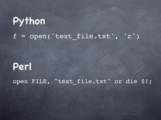 Java

Ruby

package xyz;

!

import xyz;

!

public class User {

!

public void sayHello(){

System.out.println(“Hello”);

}

!

class User 

!

def say_hello

p “Hello”

end

!

}

end

User user = new User()

user.sayHello()

user = User.new

user.say_hello

 
