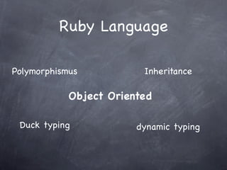 Java

Ruby

package xyz;

!

import xyz;

!

class User 

!

def say_hello

p “Hello”

end


public class User {

!

public void sayHello(){

System.out.println(“Hello”);

}


!

private 

!

!

private String secretHero(){

return “secret hero”;

}

!

}

def secret_hero

“secret hero”

end

!

end

 