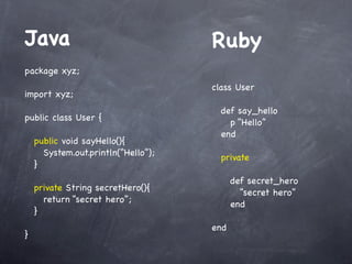 Ruby
names = Array.new
names << “Hans”

names << “Tanz”
names[0]

names[1]
names.ﬁrst
names.last

 