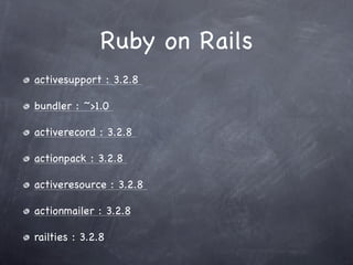Links
http:/
/www.ruby-lang.org/en/

http:/
/rubyonrails.org

http:/
/ruby.railstutorial.org

http:/
/rubygems.org/

http:/
/www.heroku.com

http:/
/travis-ci.org


 