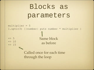 Blocks as
parameters
multiplier = 5
1.upto(3) {|number| puts number * multiplier }
=> 5
=> 10
=> 15
Same block
as before
Called once for each time
through the loop
 