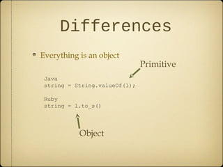 Differences
Everything is an object
Java
string = String.valueOf(1);
Ruby
string = 1.to_s()
Primitive
Object
 