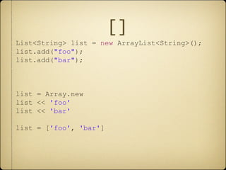 []
List<String> list = new ArrayList<String>();
list.add("foo");
list.add("bar");
list = Array.new
list << 'foo'
list << 'bar'
list = ['foo', 'bar']
 