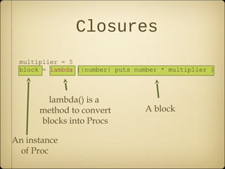 Closures
multiplier = 5
block = lambda {|number| puts number * multiplier }
A block
An instance
of Proc
lambda() is a
method to convert
blocks into Procs
 