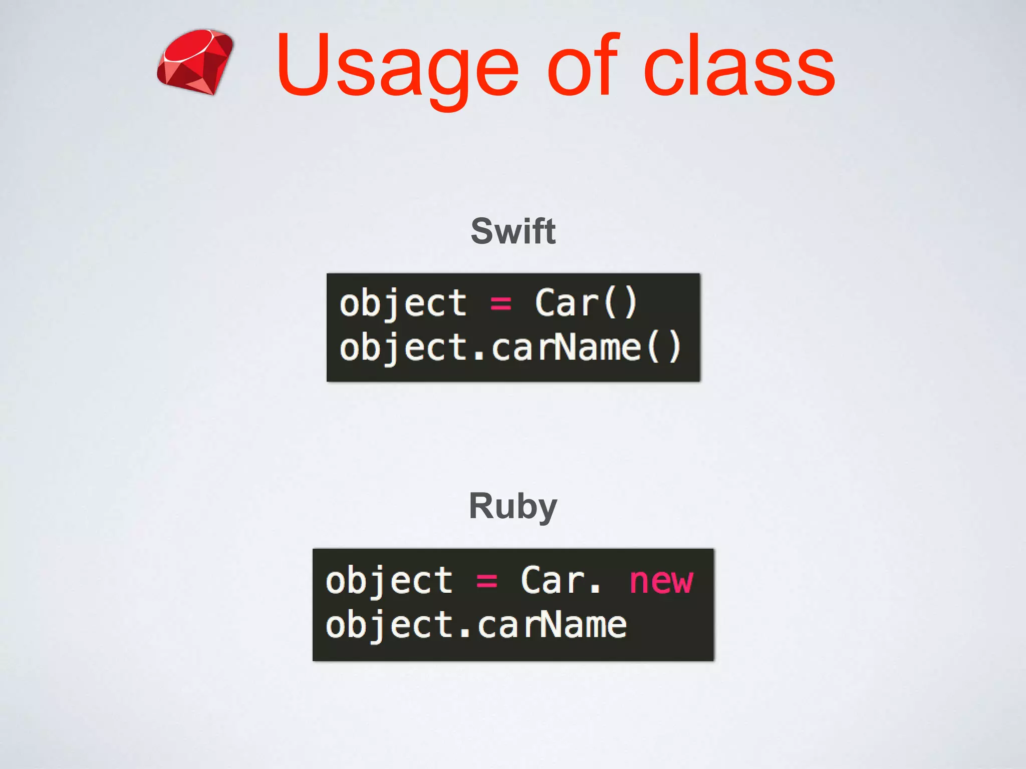 Usage of class
Swift
Ruby
 