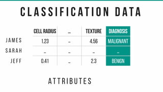 cell radius … texture DIAGNOsis
1.23 … 4.56 Malignant
… … … …
0.41 … 2.3 Benign
c l a s s i f i c at i o n d ata
J a m e s
S a r a h
j e f f
at t r i b u t e s
 