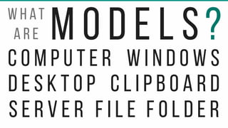 M O D E L SW H aT
A r e ?
C o m p u t e r
D e s k t o p
s e r v e r
w i n d o w s
C l i p b o a r d
F i l e f o l d e r
 