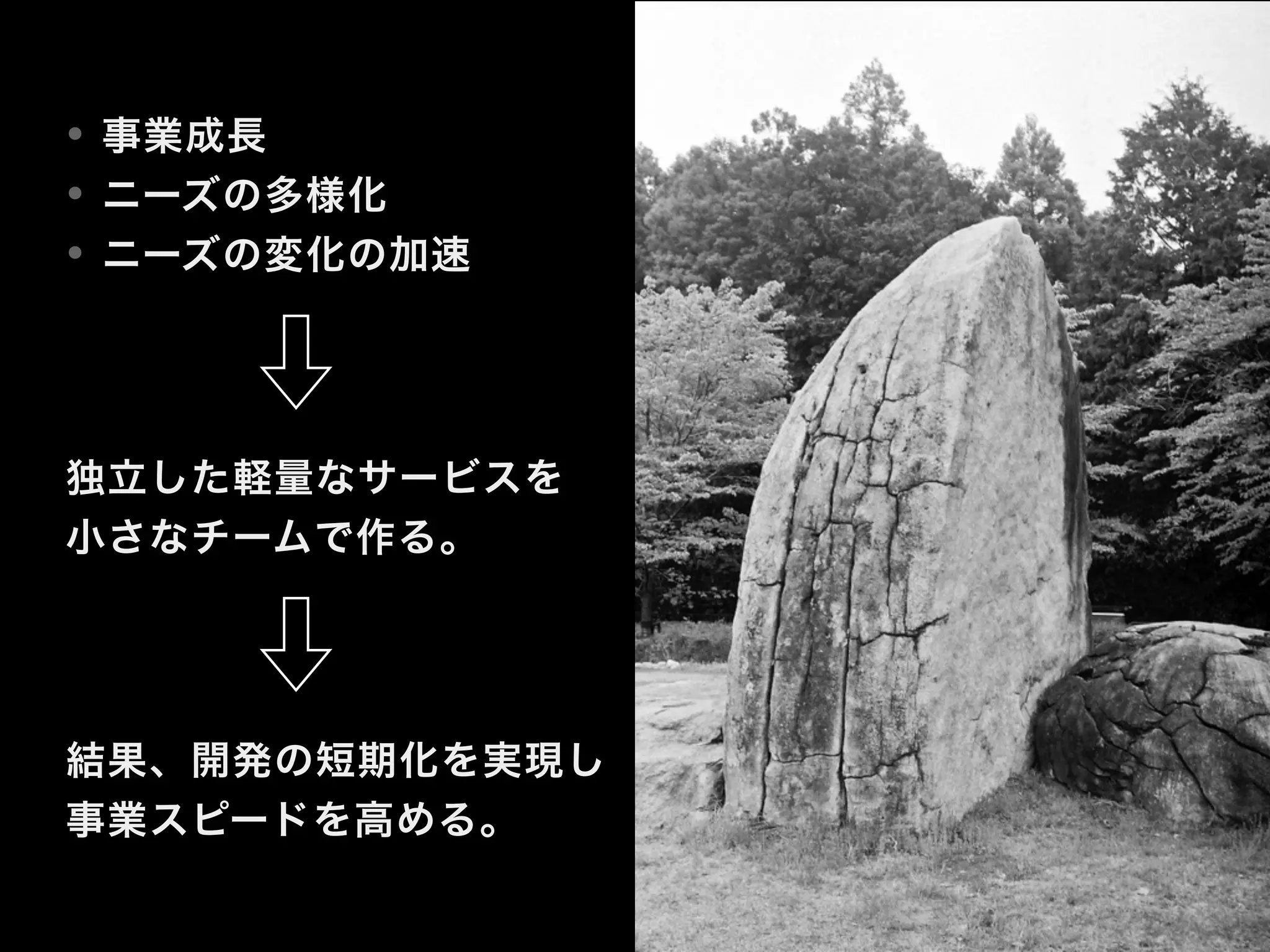 • 事業成長
• ニーズの多様化
• ニーズの変化の加速
独立した軽量なサービスを
小さなチームで作る。
結果、開発の短期化を実現し
事業スピードを高める。
 