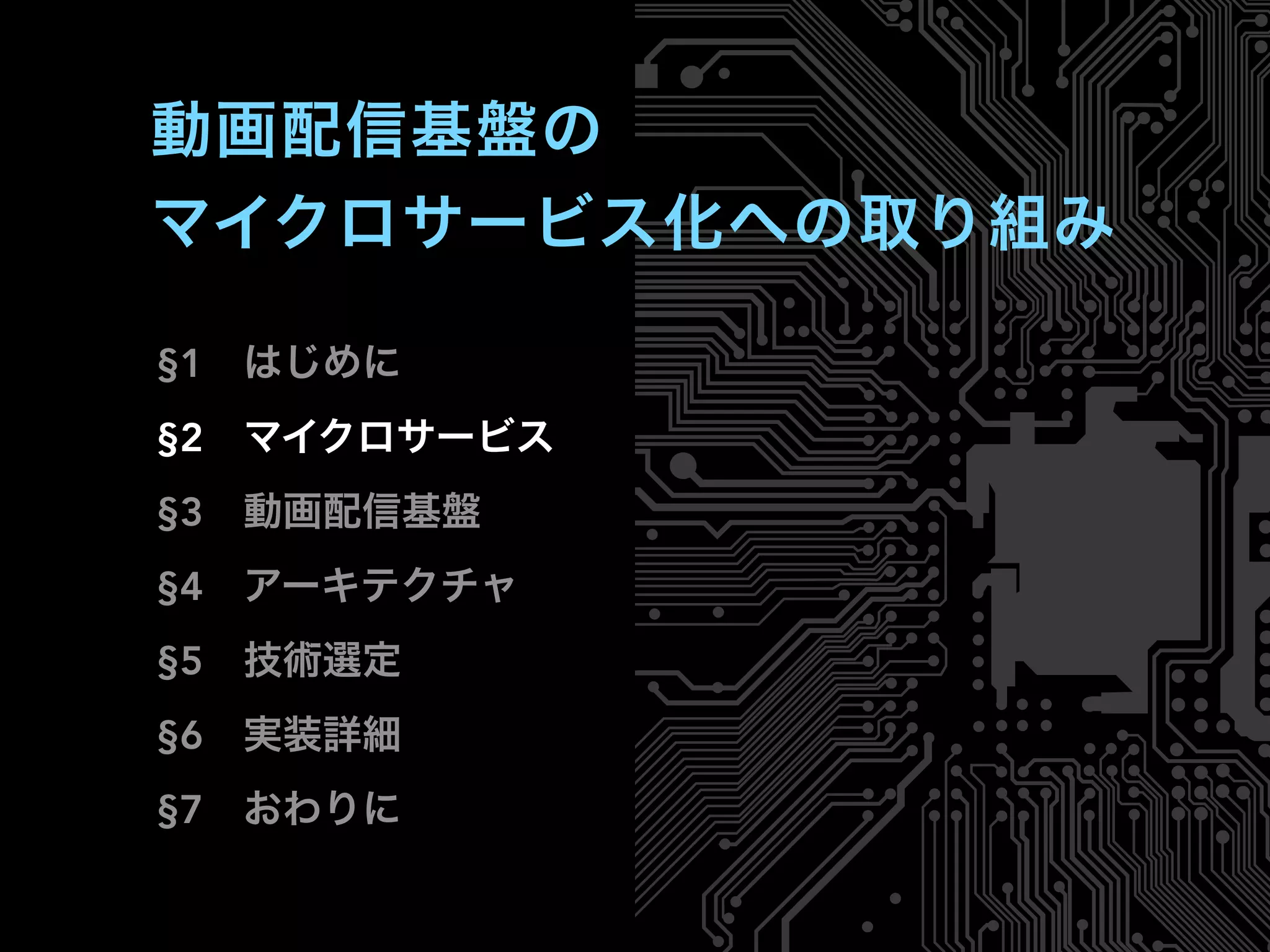 §1 はじめに
§2 マイクロサービス
§3 動画配信基盤
§4 アーキテクチャ
§5 技術選定
§6 実装詳細
§7 おわりに
動画配信基盤の
マイクロサービス化への取り組み
 