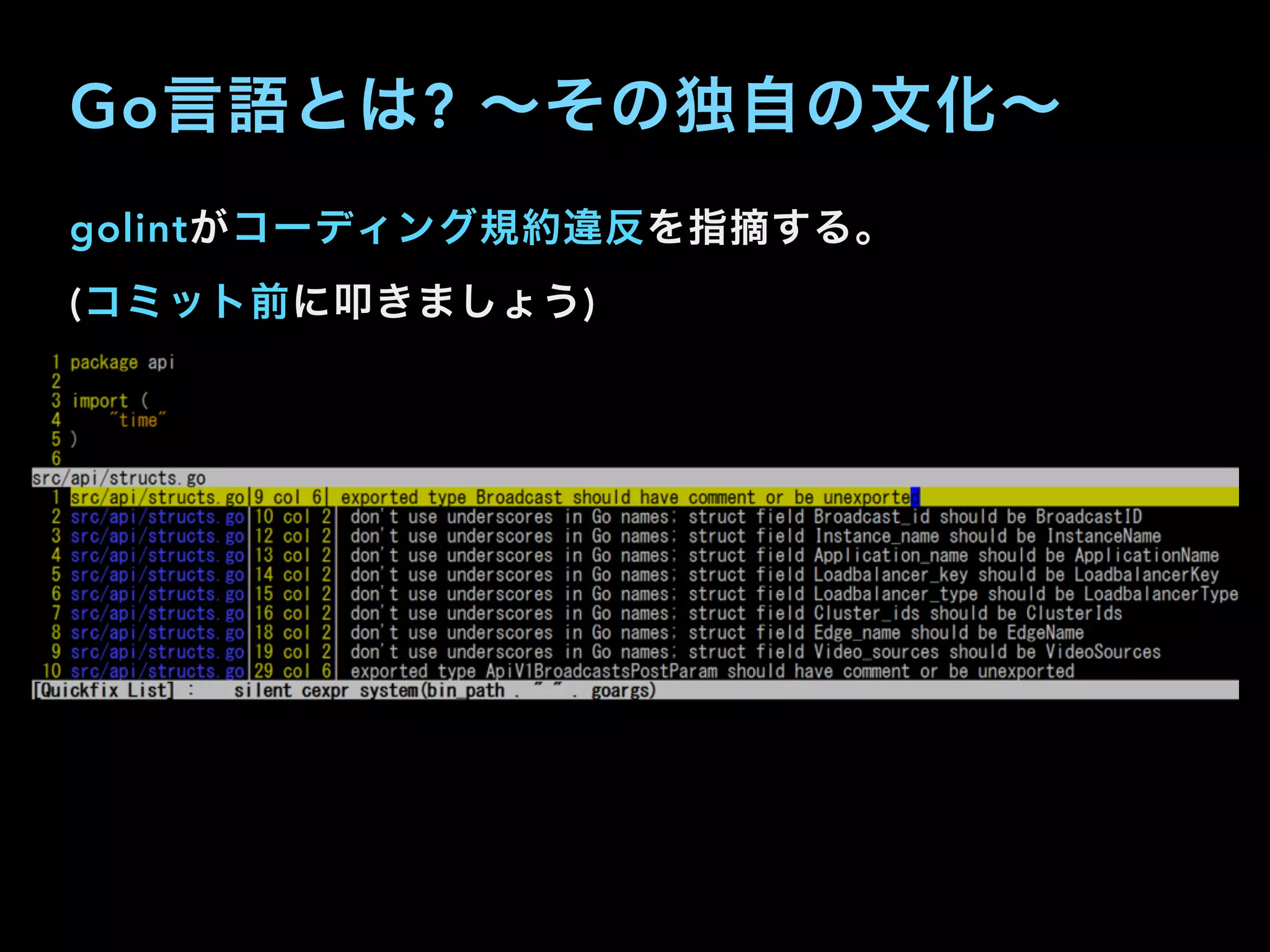 golintがコーディング規約違反を指摘する。 
(コミット前に叩きましょう)
Go言語とは? ∼その独自の文化∼
 
