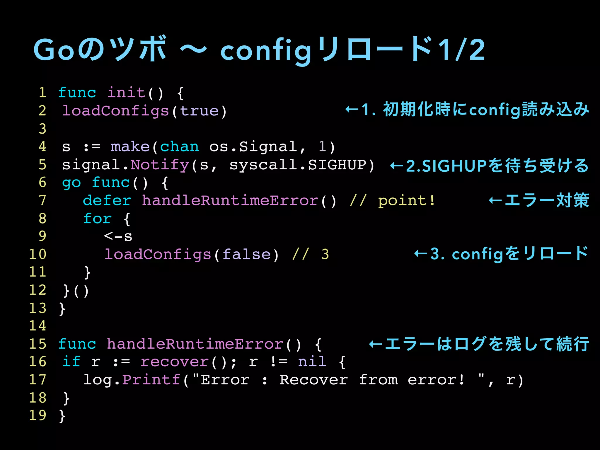 Goのツボ ∼ configリロード1/2
1 func init() {
2 loadConfigs(true)
3
4 s := make(chan os.Signal, 1)
5 signal.Notify(s, syscall.SIGHUP)
6 go func() {
7 defer handleRuntimeError() // point!
8 for {
9 <-s
10 loadConfigs(false) // 3
11 }
12 }()
13 }
14
15 func handleRuntimeError() {
16 if r := recover(); r != nil {
17 log.Printf("Error : Recover from error! ", r)
18 }
19 }
←1. 初期化時にconfig読み込み
←2.SIGHUPを待ち受ける
←エラー対策
←3. configをリロード
←エラーはログを残して続行
 
