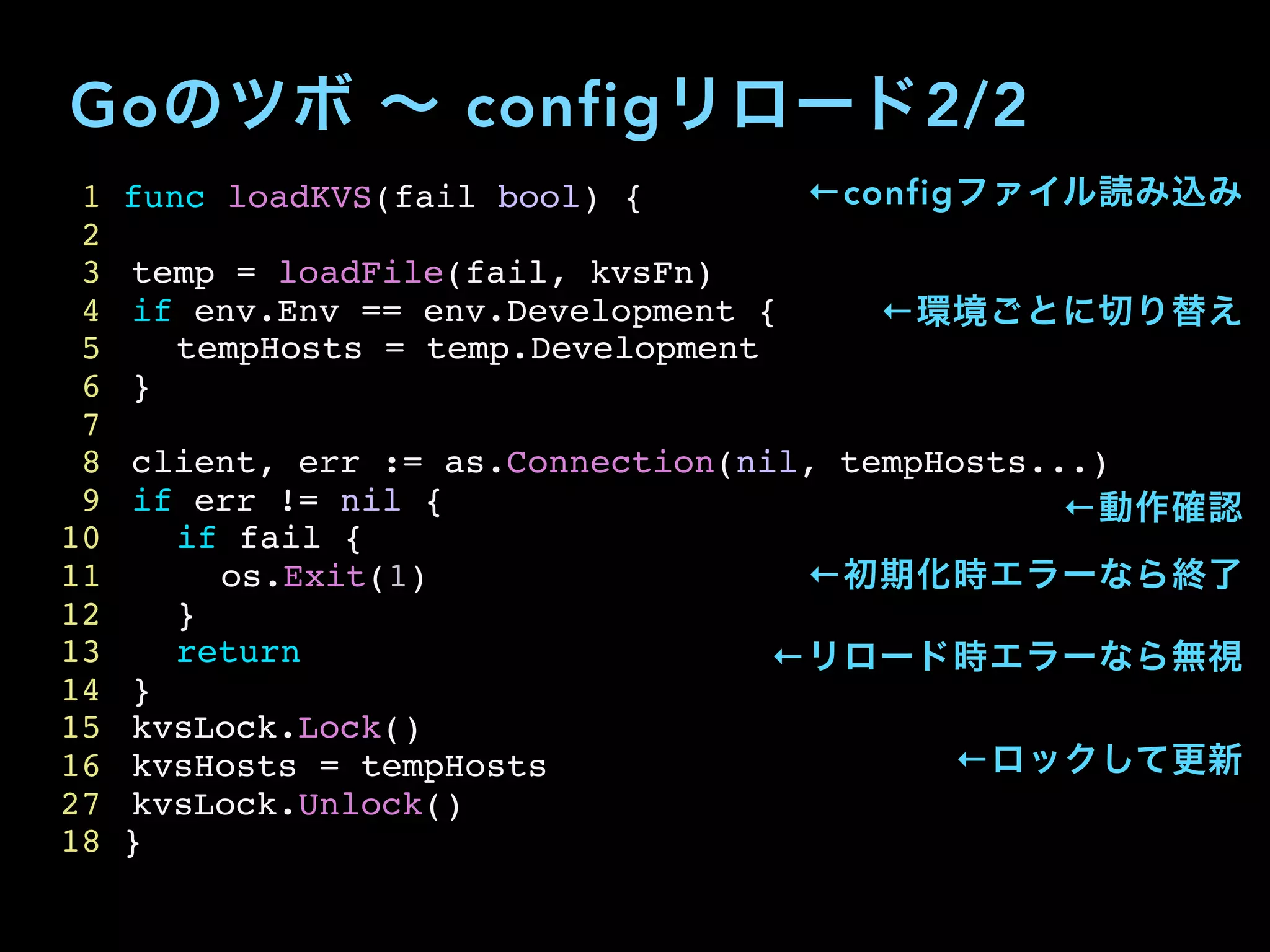 Goのツボ ∼ configリロード2/2
1 func loadKVS(fail bool) {
2
3 temp = loadFile(fail, kvsFn)
4 if env.Env == env.Development {
5 tempHosts = temp.Development
6 }
7
8 client, err := as.Connection(nil, tempHosts...)
9 if err != nil {
10 if fail {
11 os.Exit(1)
12 }
13 return
14 }
15 kvsLock.Lock()
16 kvsHosts = tempHosts
27 kvsLock.Unlock()
18 }
←configファイル読み込み
←環境ごとに切り替え
←動作確認
←初期化時エラーなら終了
←リロード時エラーなら無視
←ロックして更新
 