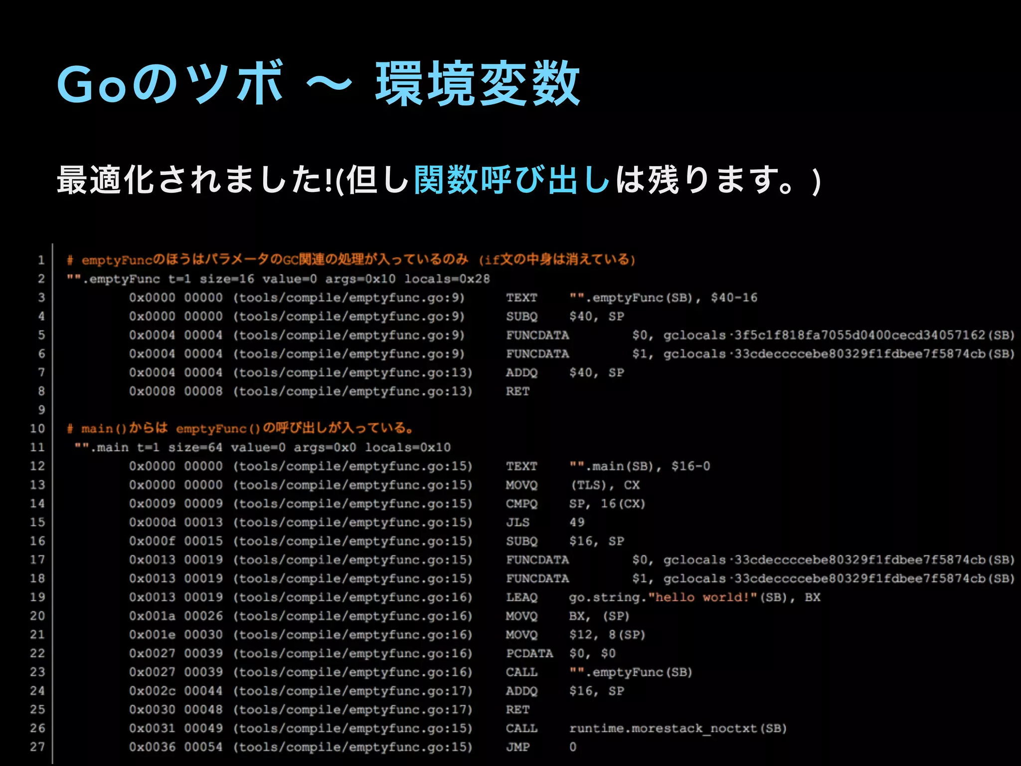 Goのツボ ∼ 環境変数
最適化されました!(但し関数呼び出しは残ります。) 
 