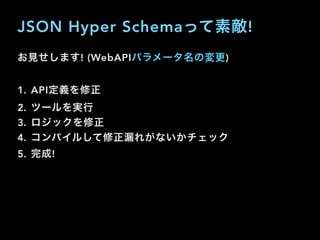 JSON Hyper Schemaって素敵!
お見せします! (WebAPIパラメータ名の変更)
1. API定義を修正
2. ツールを実行
3. ロジックを修正
4. コンパイルして修正漏れがないかチェック
5. 完成!
 