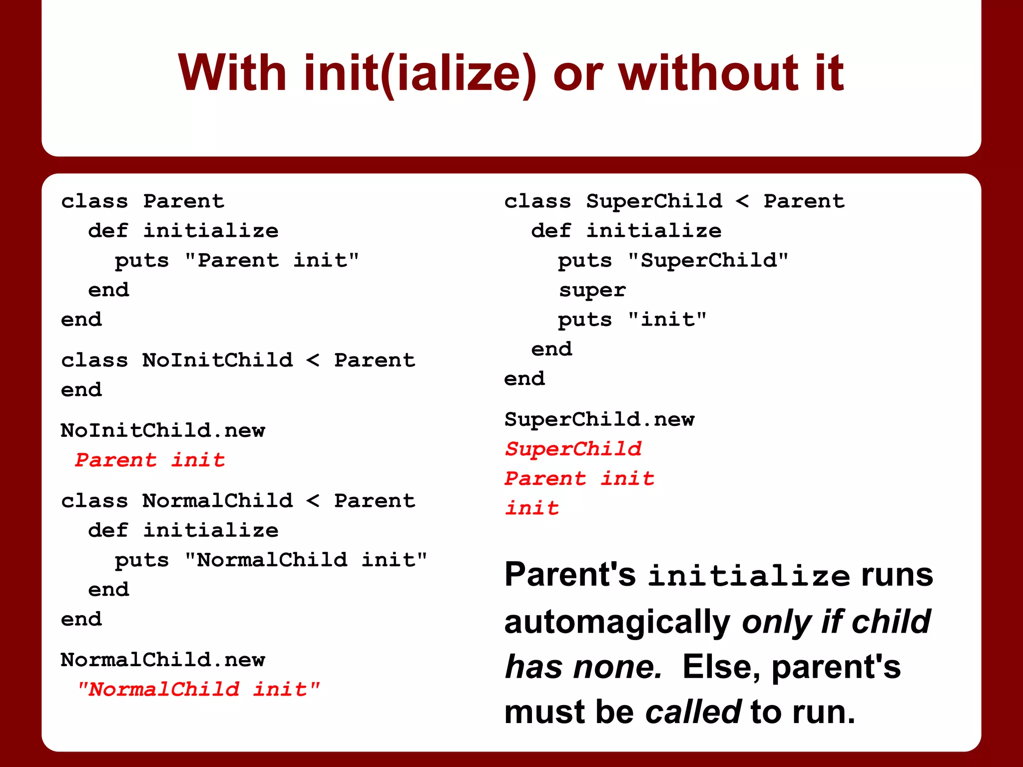 When will it end? (Or start?)
str = "OnenTwonThree"
str =~ /^Two$/
=> 4
str =~ /ATwoZ/
=> nil
str =~ /AOne/
=> 0
str =~ /ThreeZ/
=> 8
In "standard" regexps:
^ is start and $ is end...
of the whole string.
Ruby’s regexes default to
multiline, so:
^ is start and $ is end...
of any line!
A is start and Z is end
of the whole string. (Or z
to include any newline…
which is another gotcha!)
 