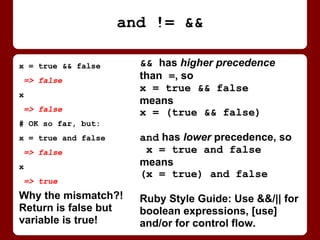 && has higher precedence
than =, so
x = true && false
means
x = (true && false)
and has lower precedence, so
x = true and false
means
(x = true) and false
Ruby Style Guide: Use && / ||
for boolean expressions, [use]
and / or for control flow.
x = true && false
=> false
x
=> false
# OK so far, but:
x = true and false
=> false
x
=> true
Return value is false
but variable is true!
Why the mismatch?!
and != &&
 