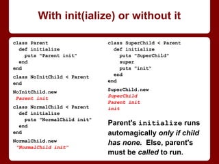 When will it end? (Or start?)
str = "OnenTwonThree"
str =~ /^Two$/
=> 4
str =~ /ATwoZ/
=> nil
str =~ /AOne/
=> 0
str =~ /ThreeZ/
=> 8
In "standard" regexps:
^ is start and $ is end...
of the whole string.
Ruby’s regexes default to
multiline, so:
^ is start and $ is end...
of any line!
A is start and Z is end
of the whole string. (Or z
to include any newline…
which is another gotcha!)
 